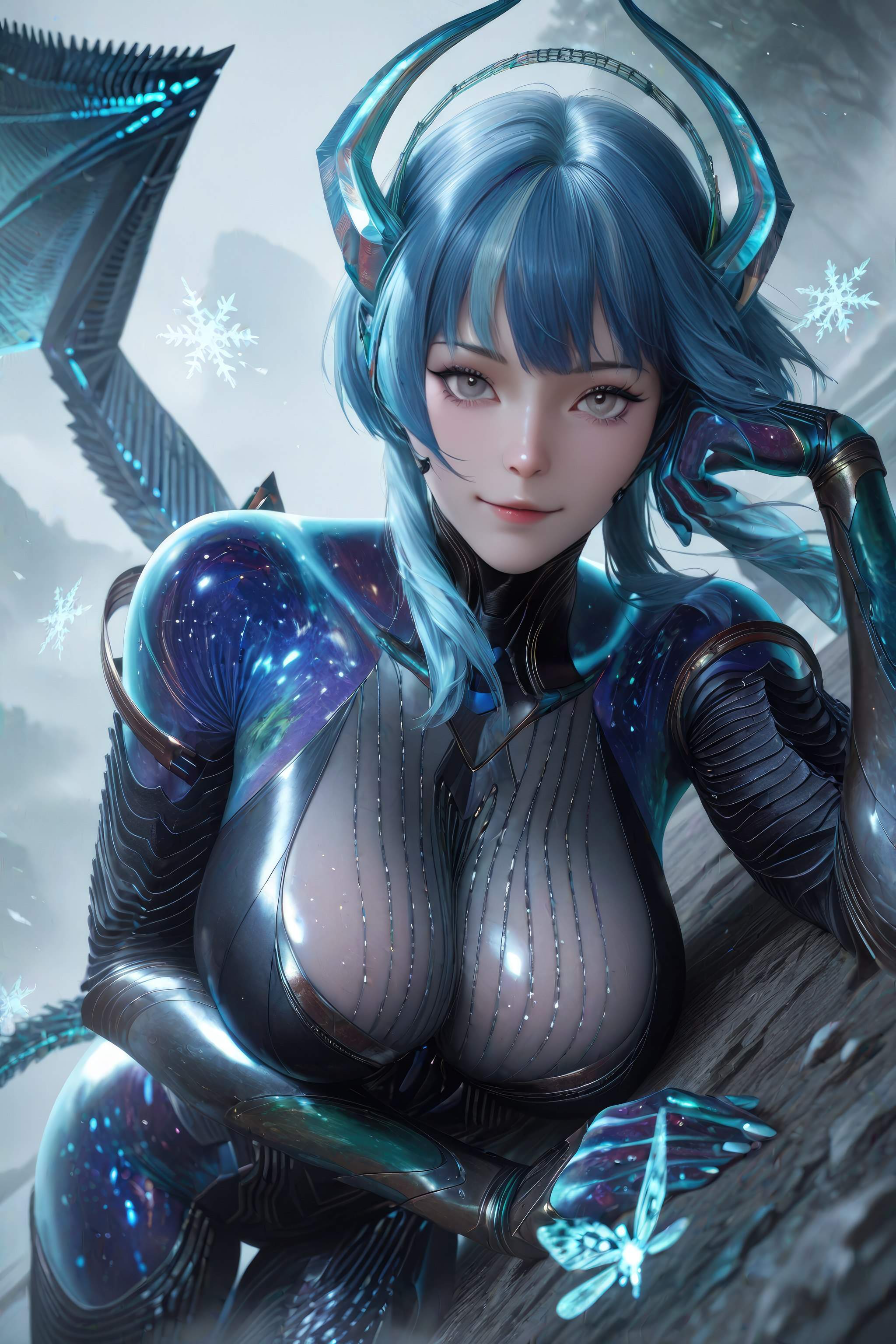 AI Generated Anime Girl - 吞噬星空 巴巴塔：蓝发龙角机甲巨乳 龙翼露穴 999P
