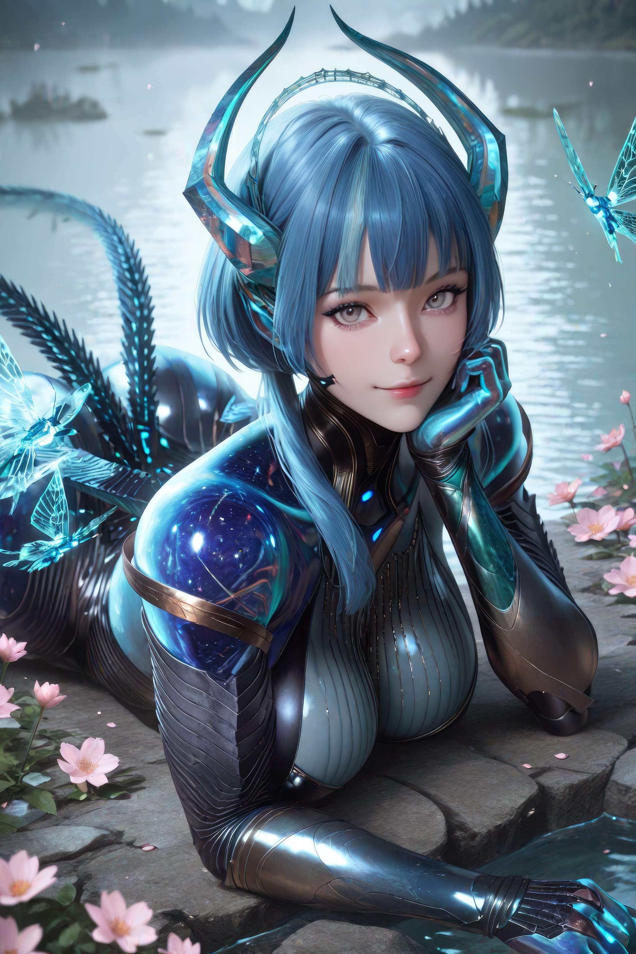 AI Generated Anime Girl - 吞噬星空 巴巴塔：蓝发龙角机甲巨乳 龙翼露穴 999P