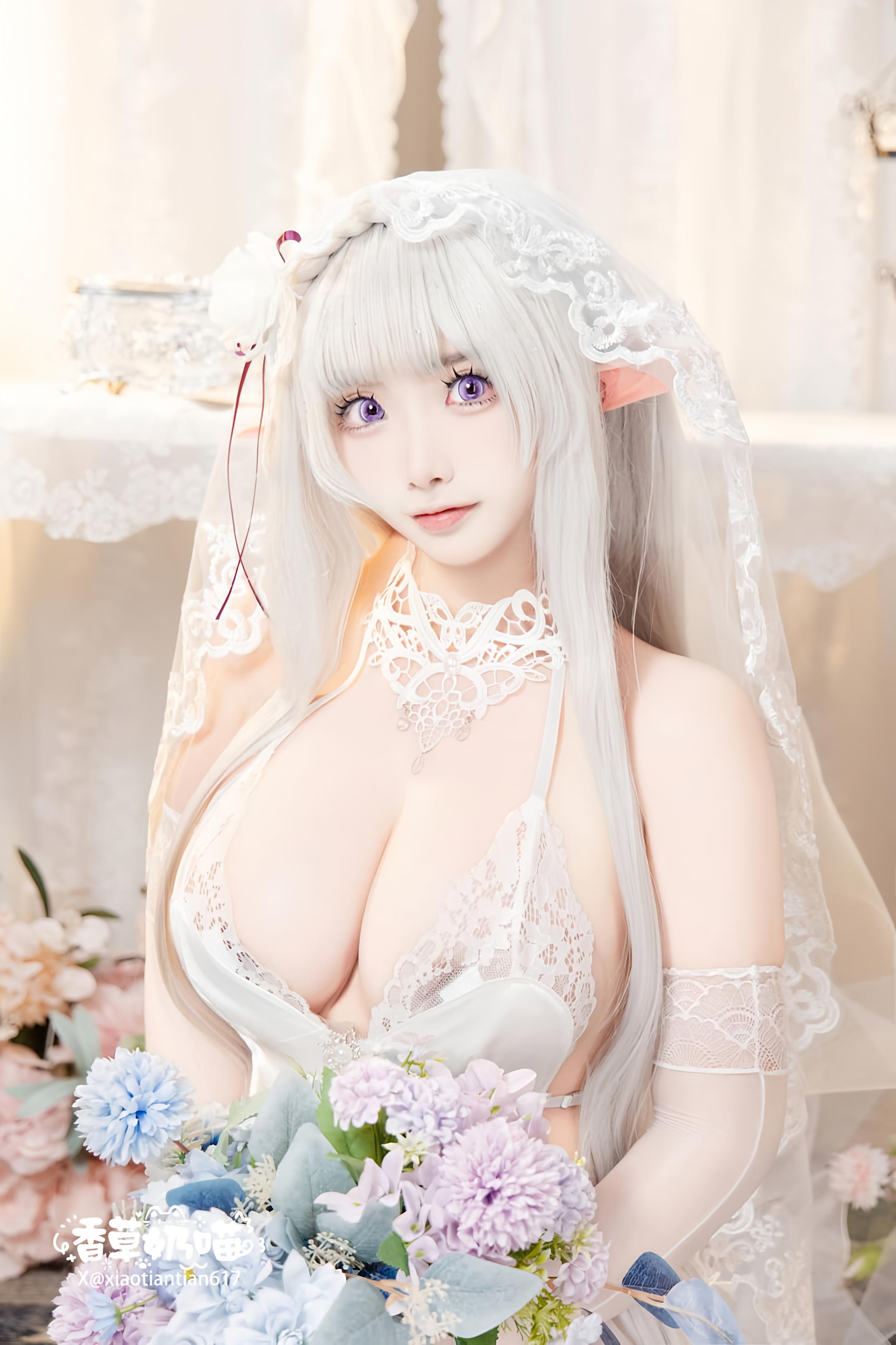 [cosplay] 香草奶喵 - Re:从零开始的异世界生活 爱蜜莉雅 情人节：白发精灵耳婚纱 巨乳白丝还原 151P
