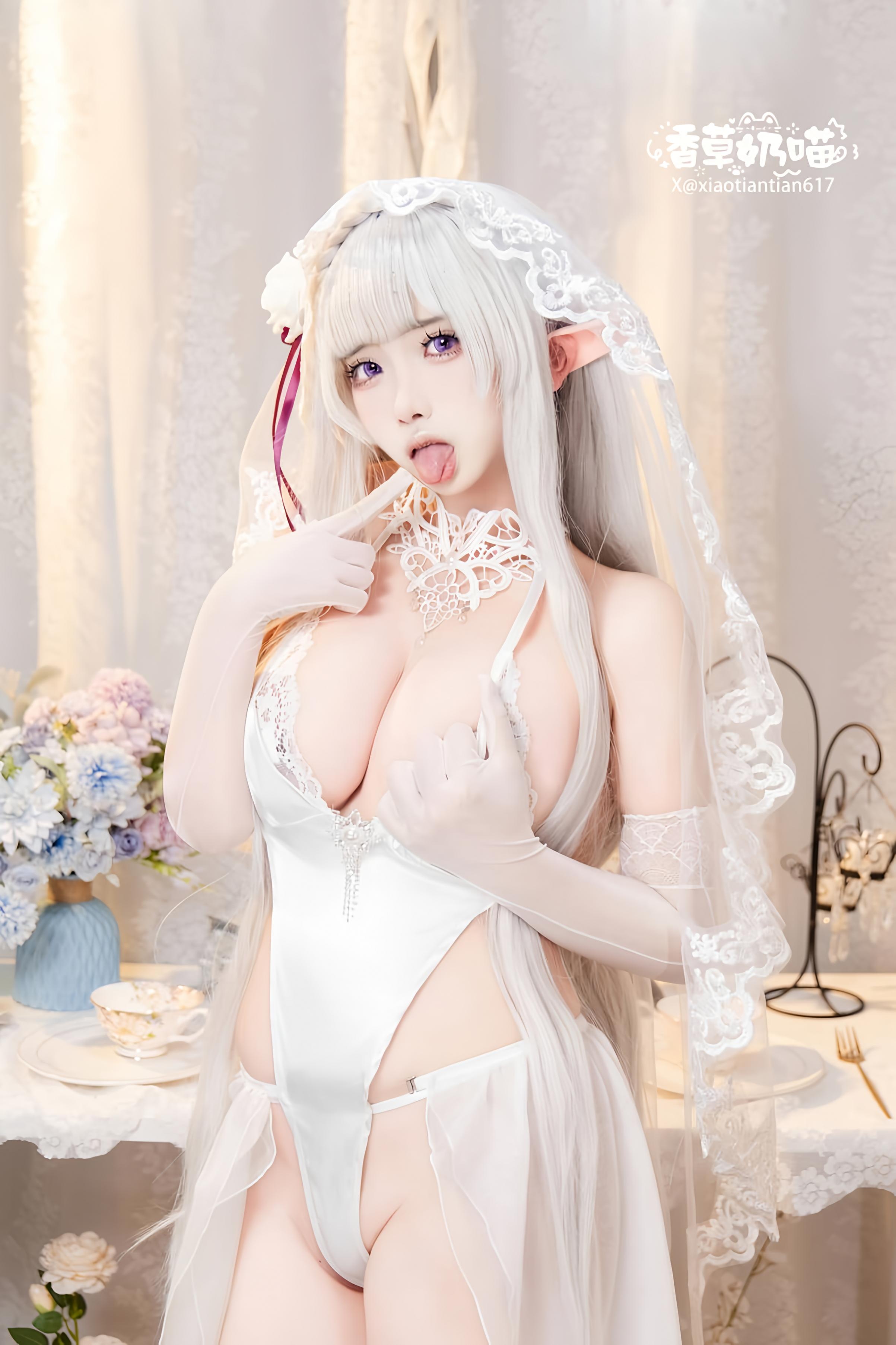 [cosplay] 香草奶喵 - Re:从零开始的异世界生活 爱蜜莉雅 情人节：白发精灵耳婚纱 巨乳白丝还原 151P