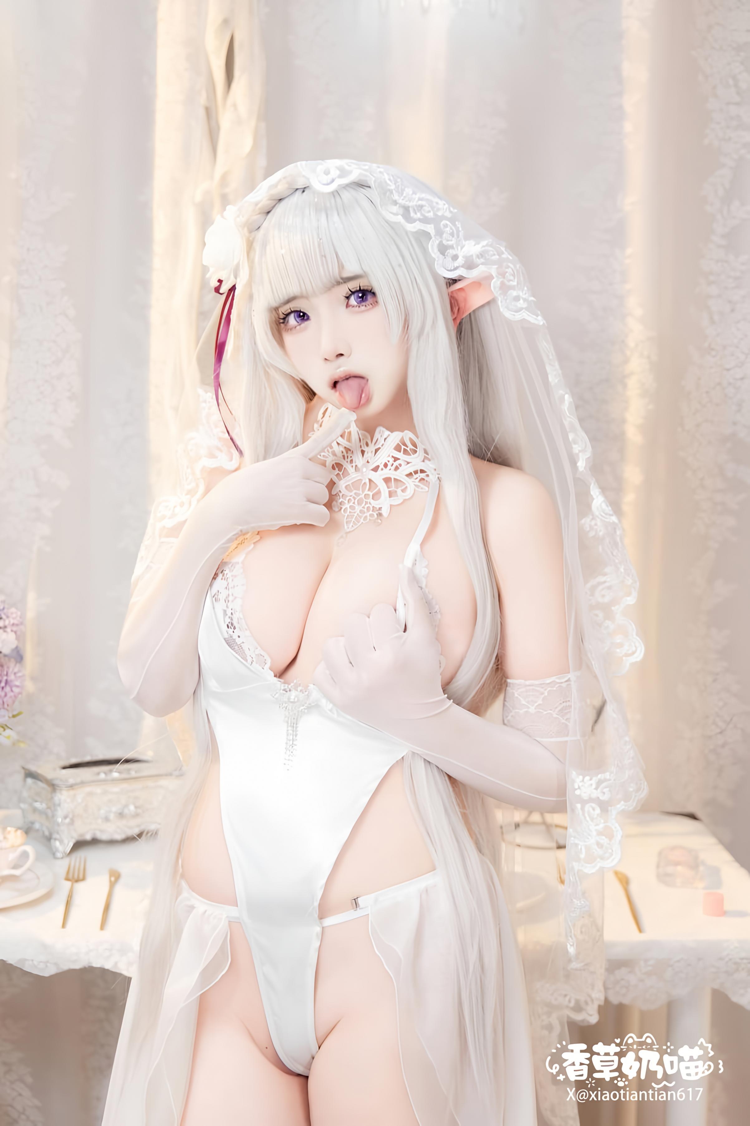 [cosplay] 香草奶喵 - Re:从零开始的异世界生活 爱蜜莉雅 情人节：白发精灵耳婚纱 巨乳白丝还原 151P