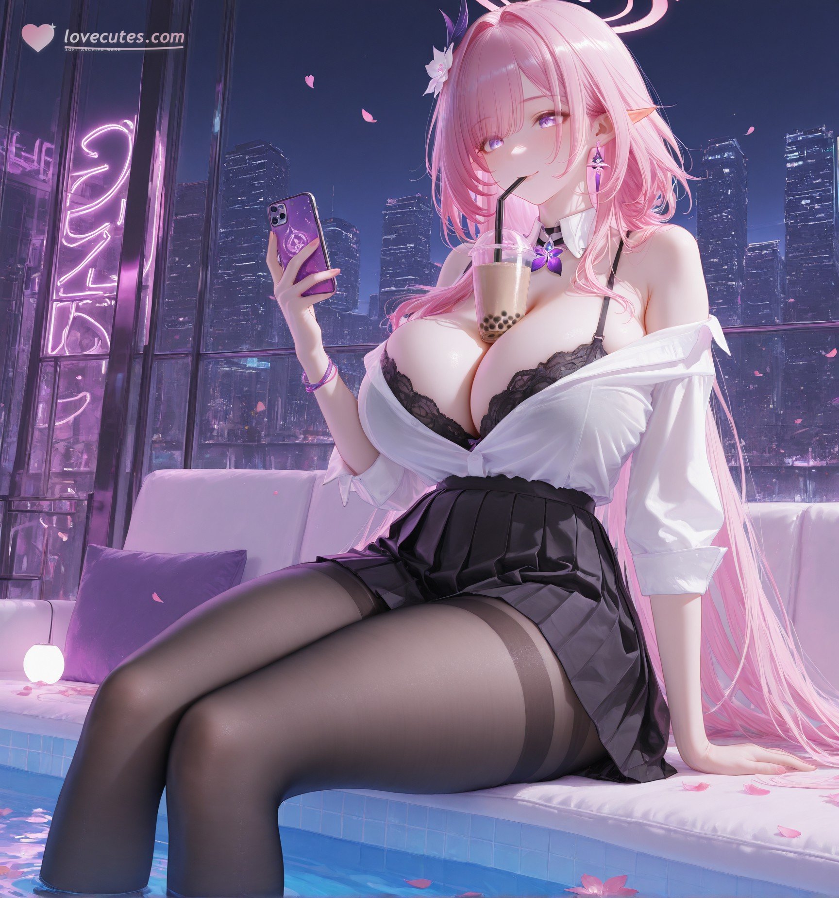 AI Generated Anime Girl - 崩坏 昔涟：粉发制服巨乳露点 泳池白虎交合 130P