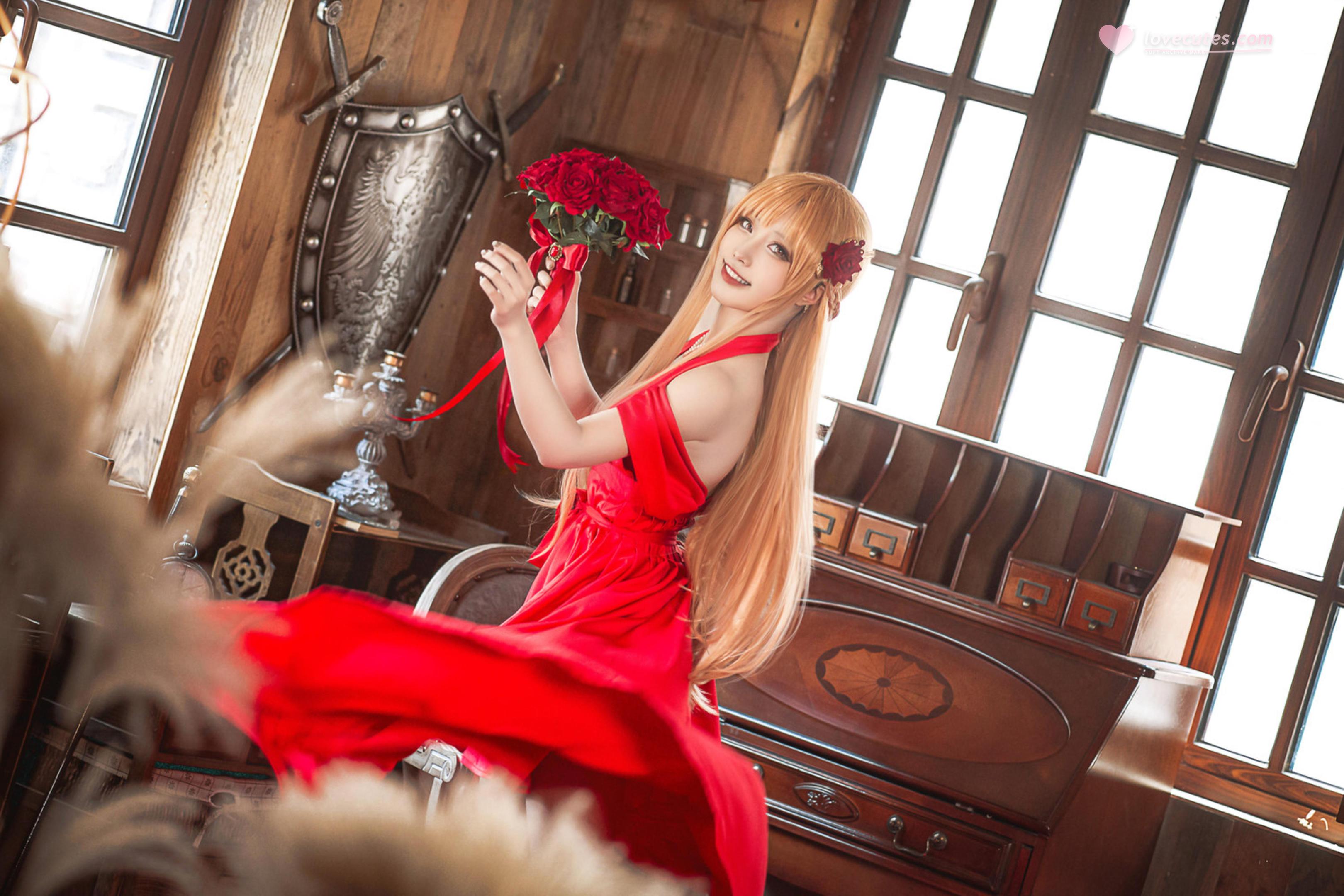 [cosplay] 切切celia - 刀剑神域 亚丝娜 礼服：红裙长发美腿 优雅还原 28P