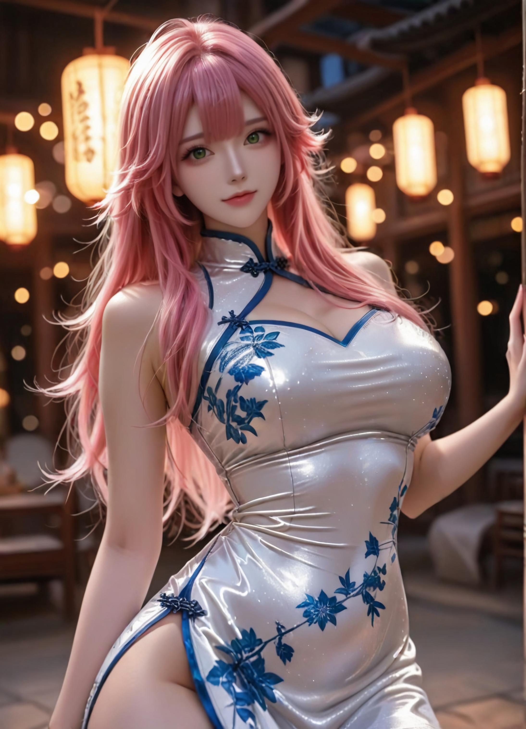 AI Generated Anime Girl - 方琼：银白旗袍巨乳露穴 道具口交白虎 123P