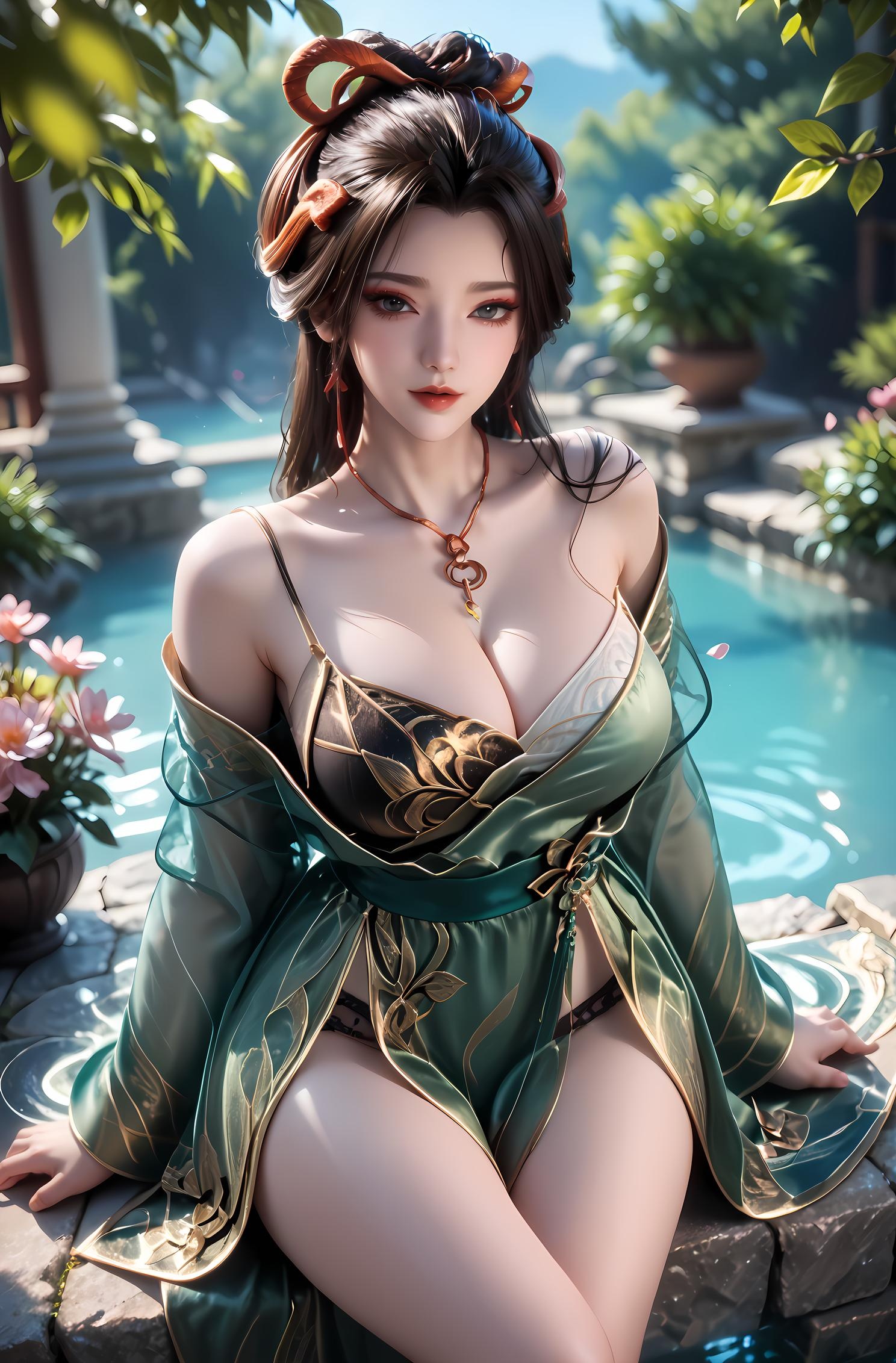 AI Generated Anime Girl - 牧神记 龙娇男：古风绿裙爆乳露点 温泉翘臀 96P