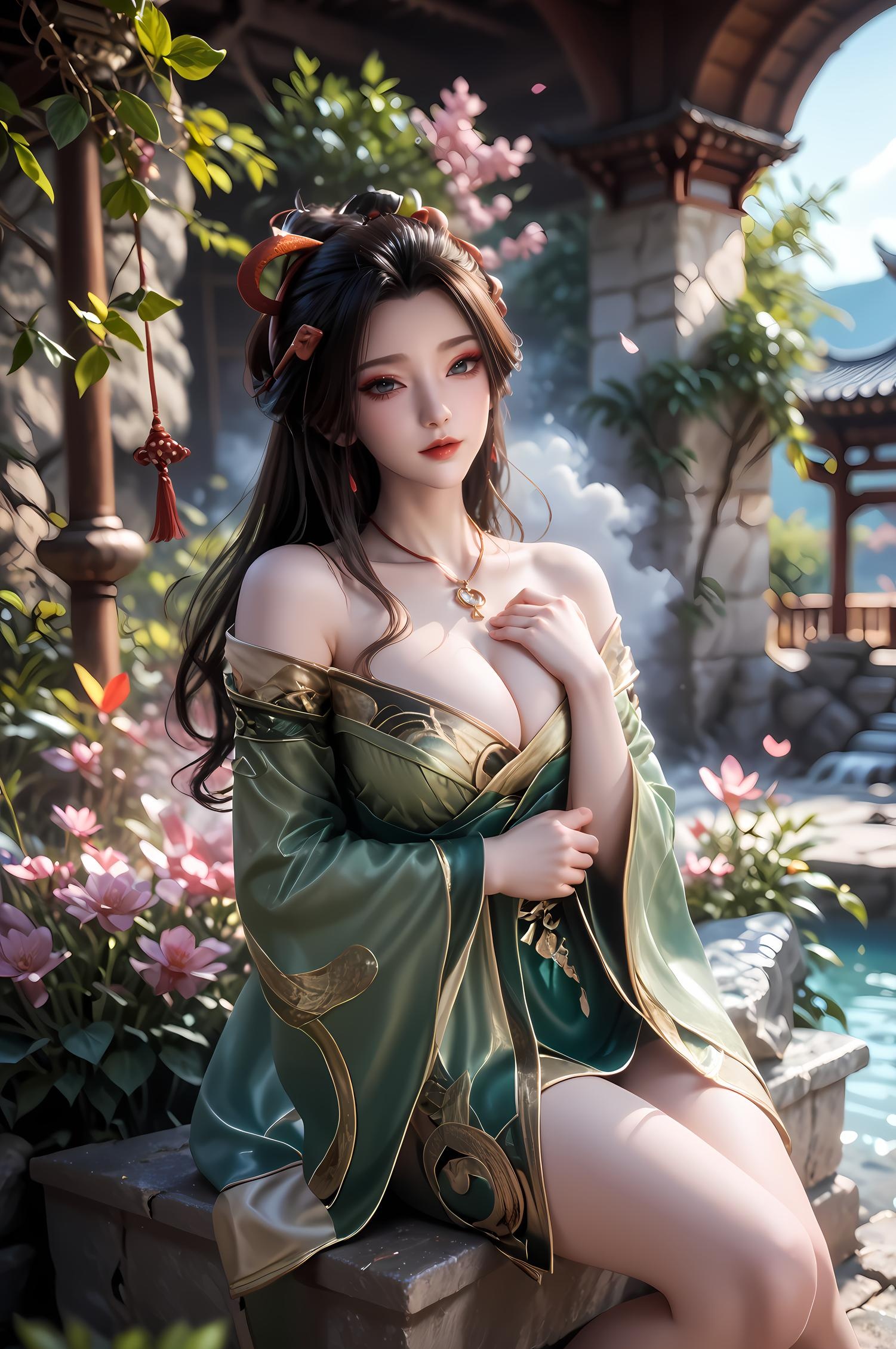 AI Generated Anime Girl - 牧神记 龙娇男：古风绿裙爆乳露点 温泉翘臀 96P