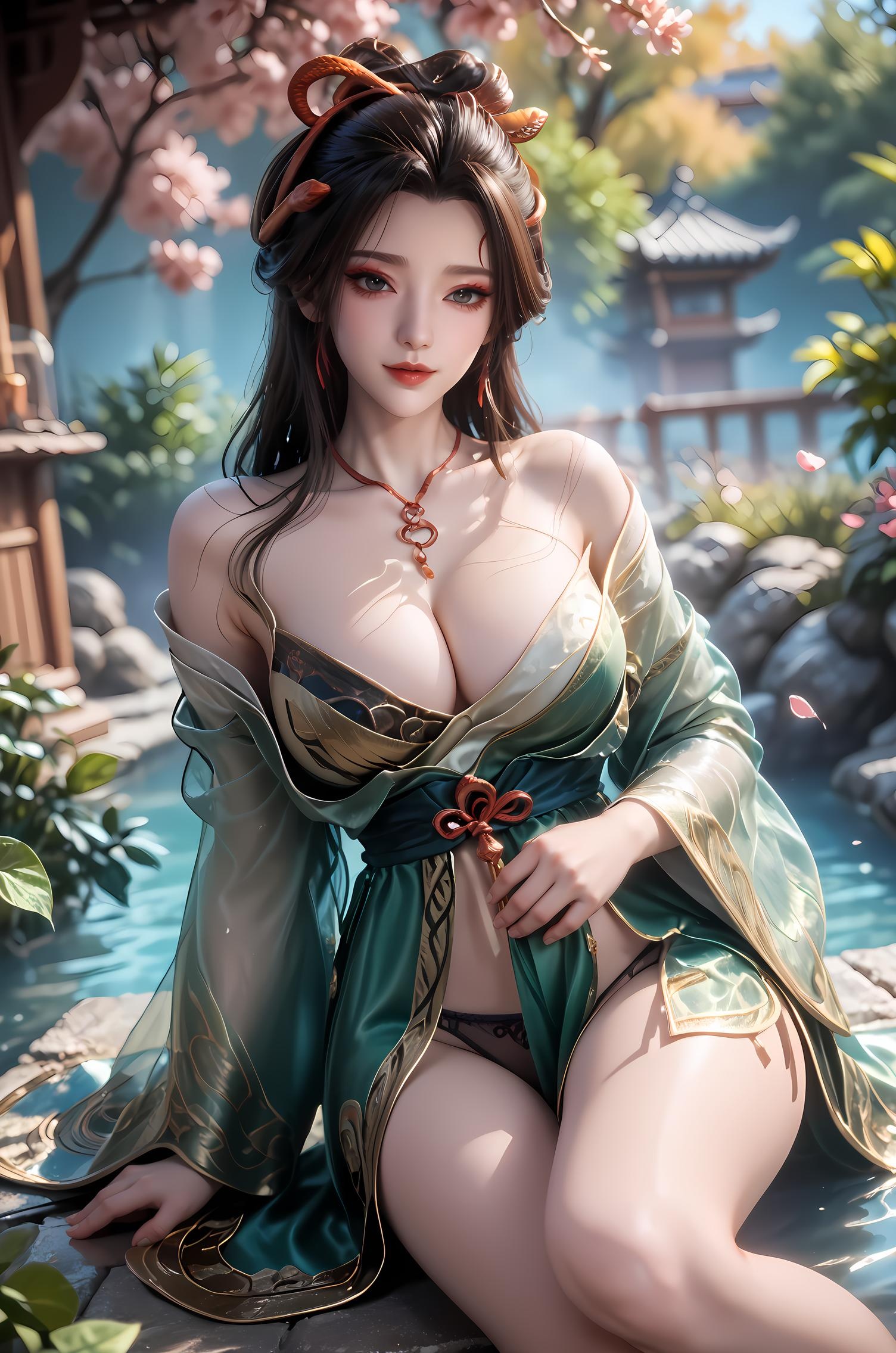 AI Generated Anime Girl - 牧神记 龙娇男：古风绿裙爆乳露点 温泉翘臀 96P