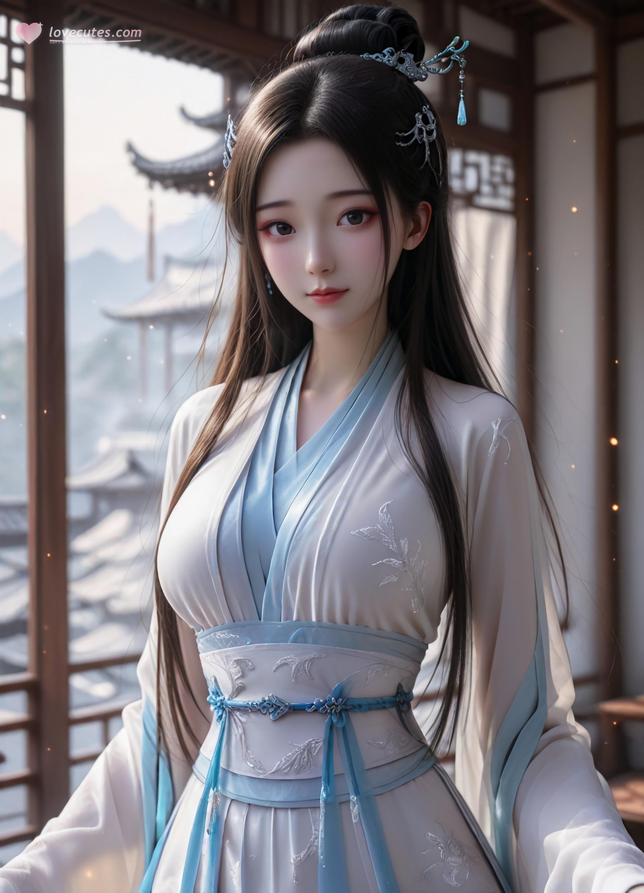 AI Generated Anime Girl - 白蛇 小白：粉发绿裙巨乳露点 古风庭院 106P
