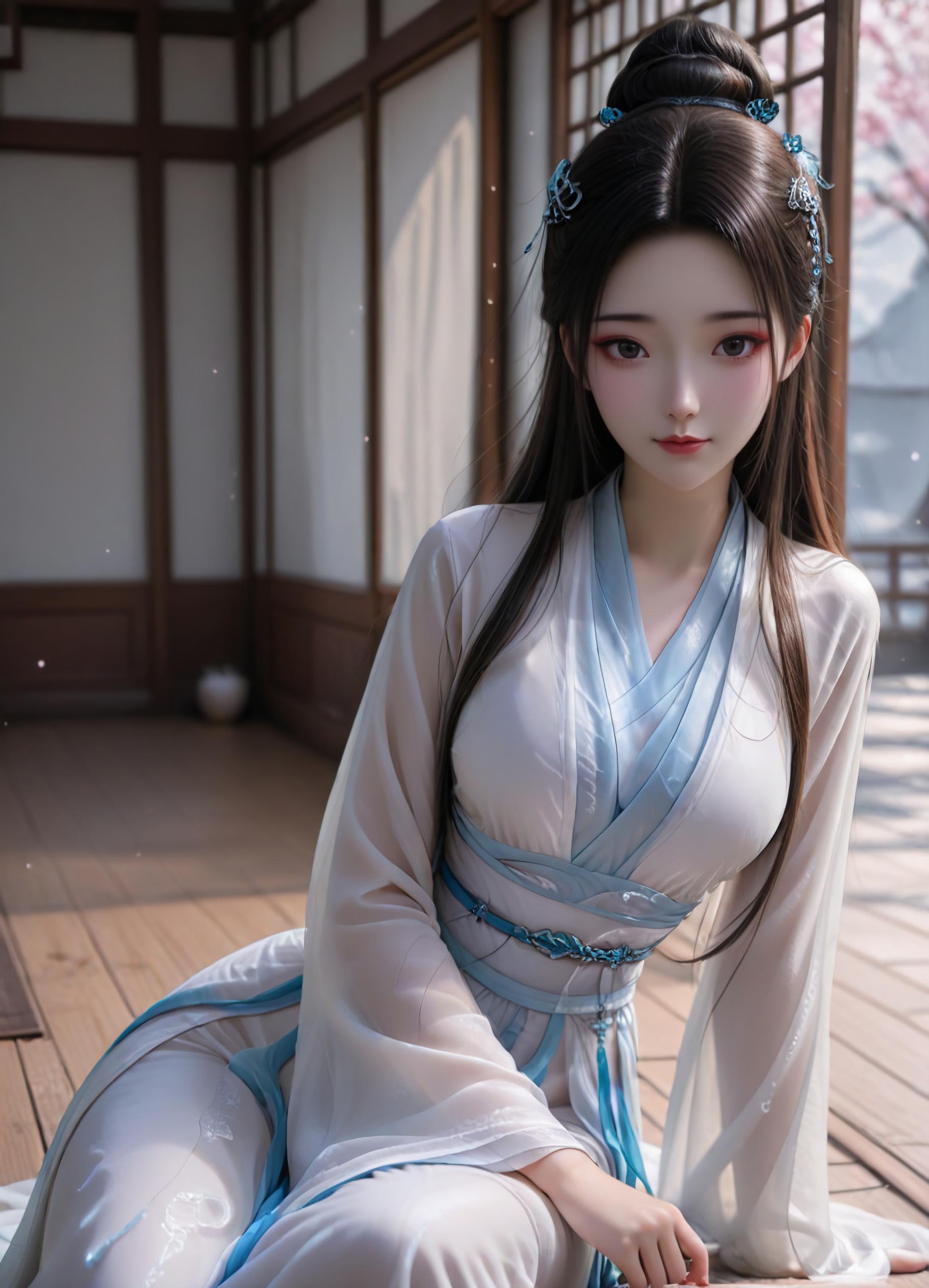 AI Generated Anime Girl - 白蛇 小白：粉发绿裙巨乳露点 古风庭院 106P