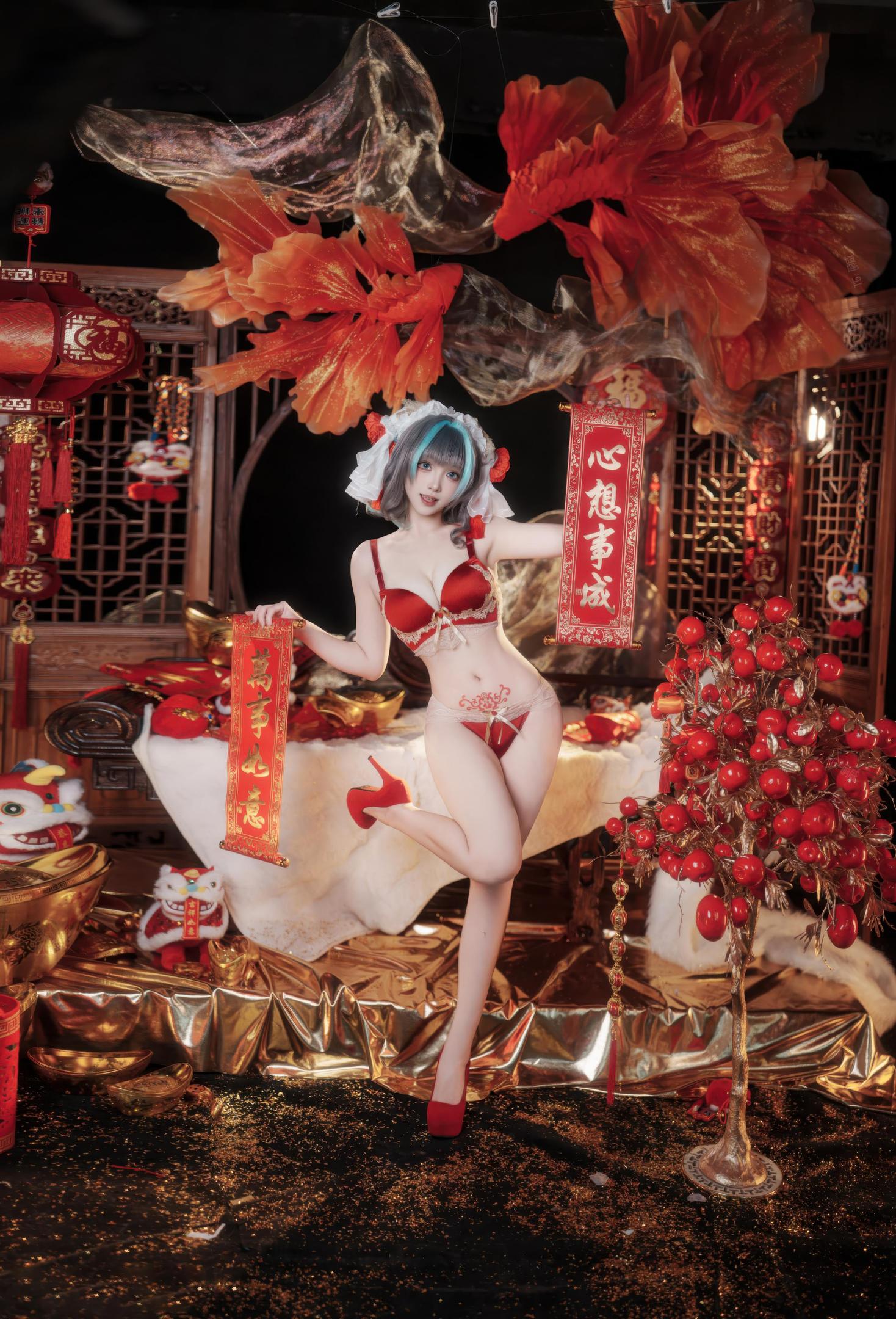 [cosplay] Bangni邦尼 - 碧蓝航线 柴郡 新春：红色旗袍白丝 露穴露臀还原 66P7V