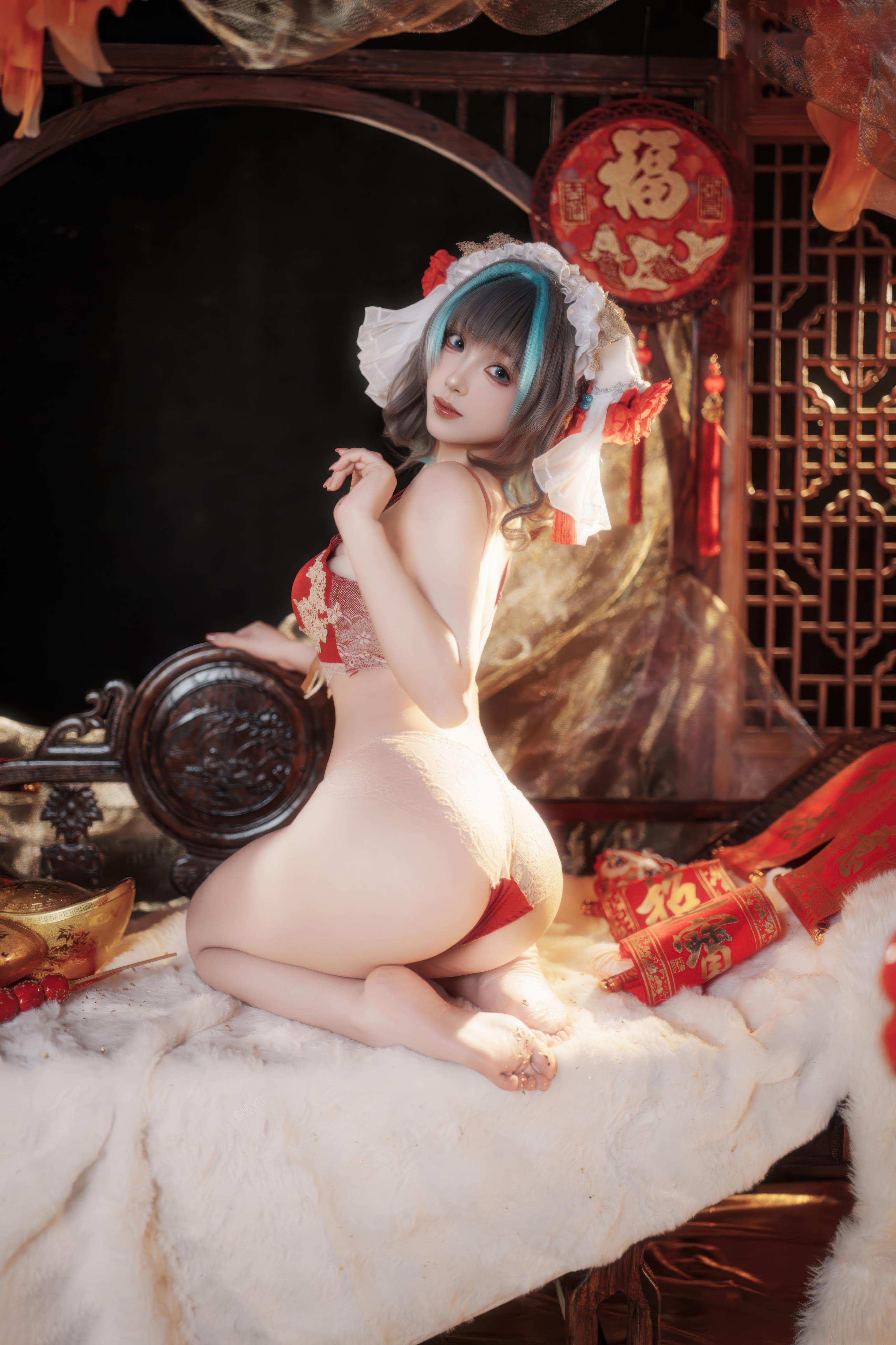 [cosplay] Bangni邦尼 - 碧蓝航线 柴郡 新春：红色旗袍白丝 露穴露臀还原 66P7V