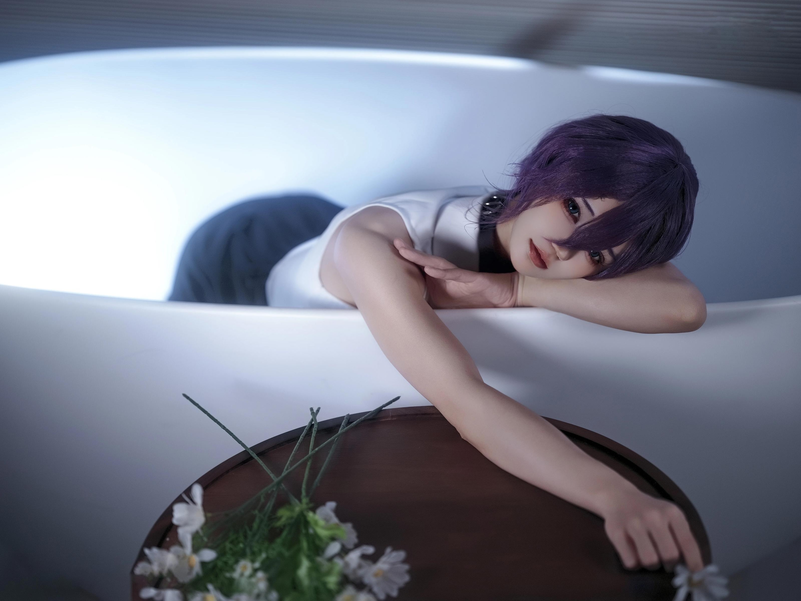 [cosplay] 小仓千代w - 链锯人 蕾塞：紫发白衬衫白丝 角色还原 32P