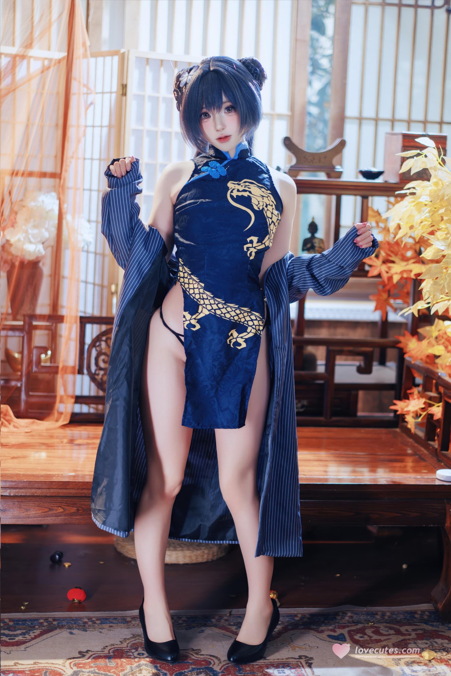 [Cosplay] Nanka Nishinomiya - Blue Archive Hinasaki: Blue Cheongsam with Black Stockings, Bold Recreation 50P