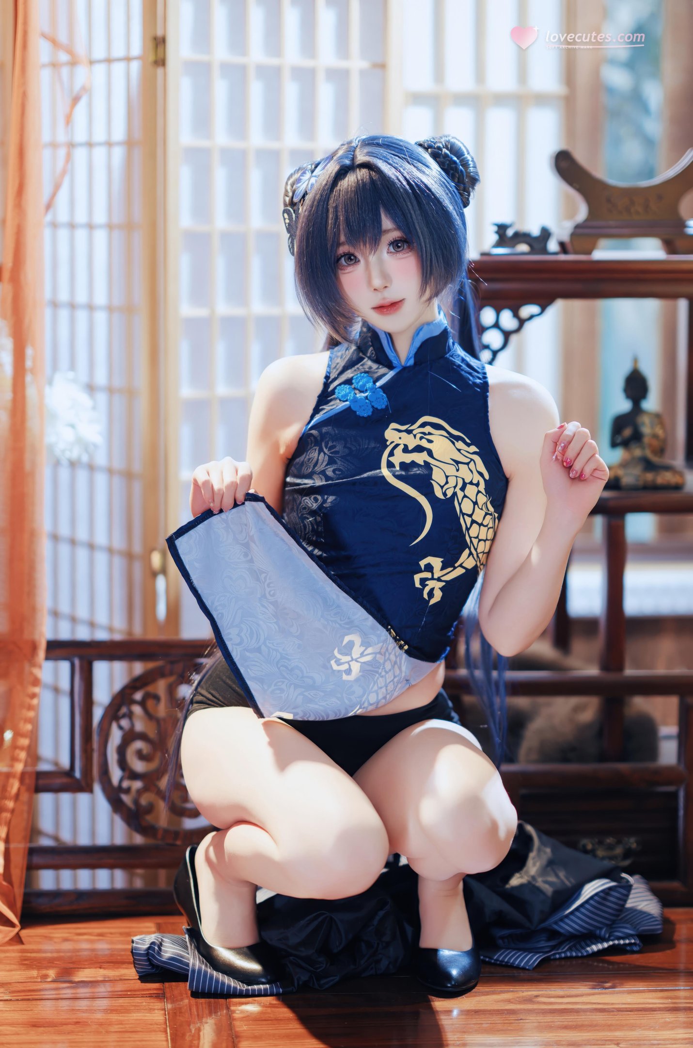 [Cosplay] Nanka Nishinomiya - Blue Archive Hinasaki: Blue Cheongsam with Black Stockings, Bold Recreation 50P