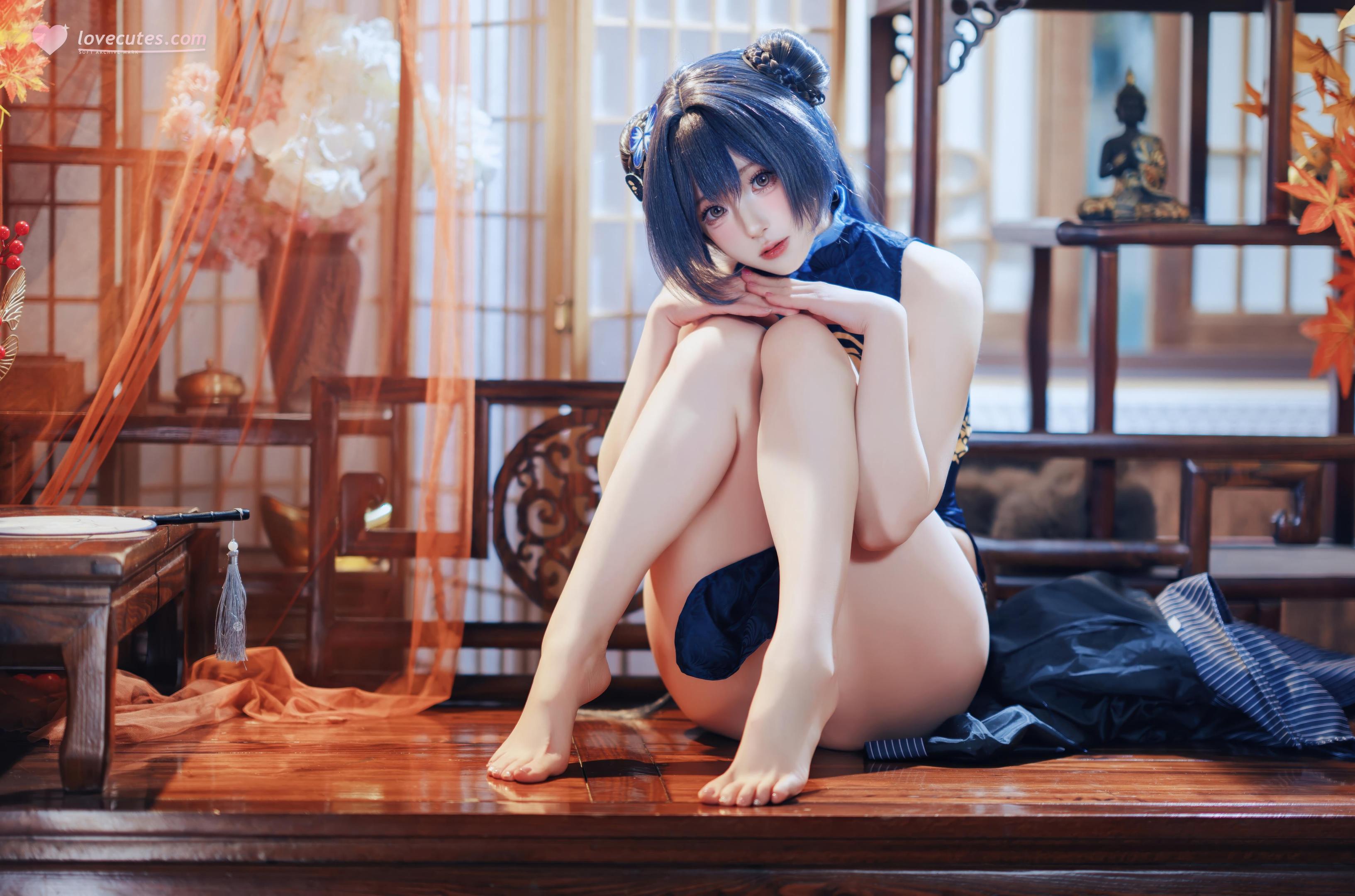 [Cosplay] Nanka Nishinomiya - Blue Archive Hinasaki: Blue Cheongsam with Black Stockings, Bold Recreation 50P