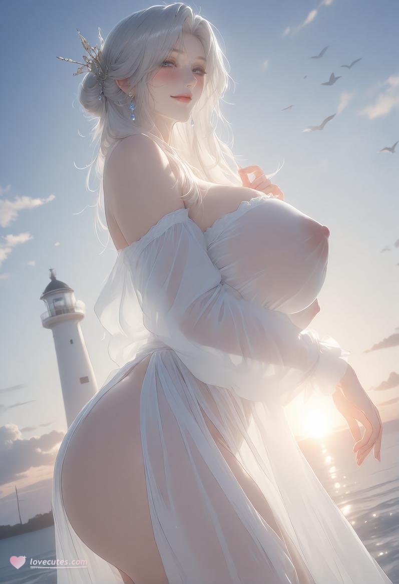 AI Generated Anime Girl - 大唐遗风 海之丰韵：白发古风御姐海边巨乳 132P