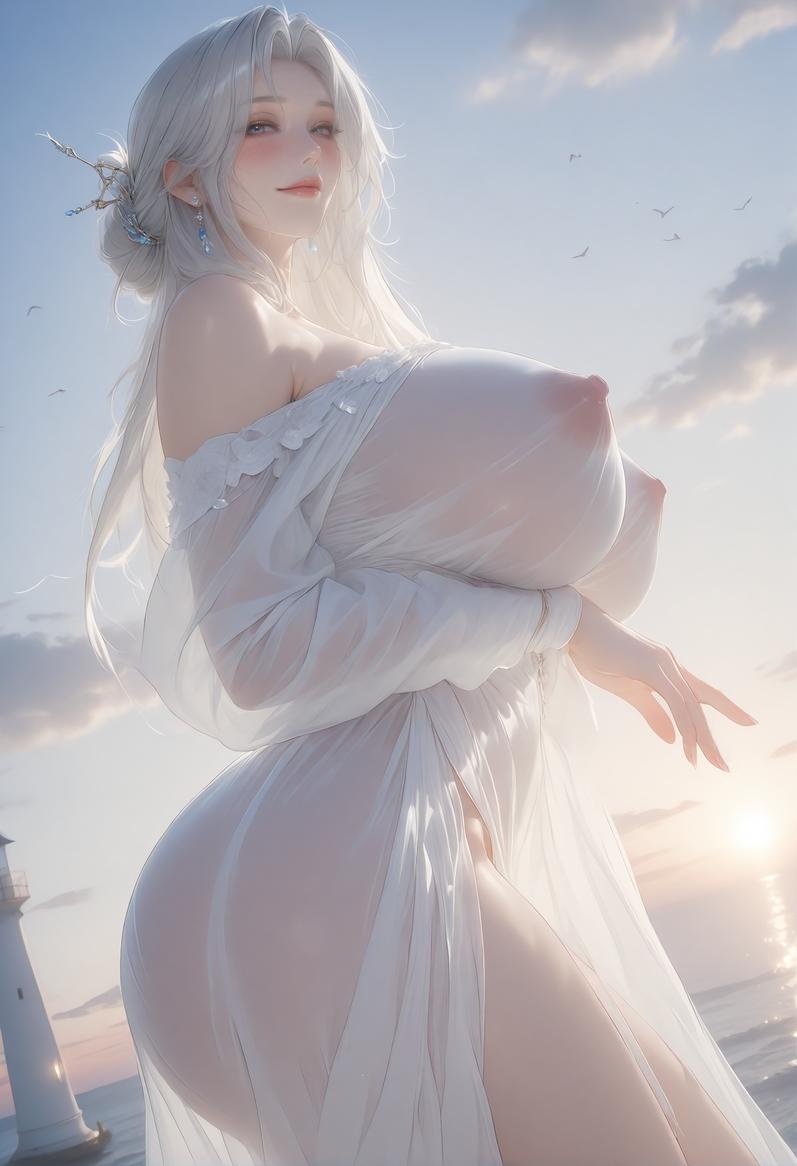AI Generated Anime Girl - 大唐遗风 海之丰韵：白发古风御姐海边巨乳 132P