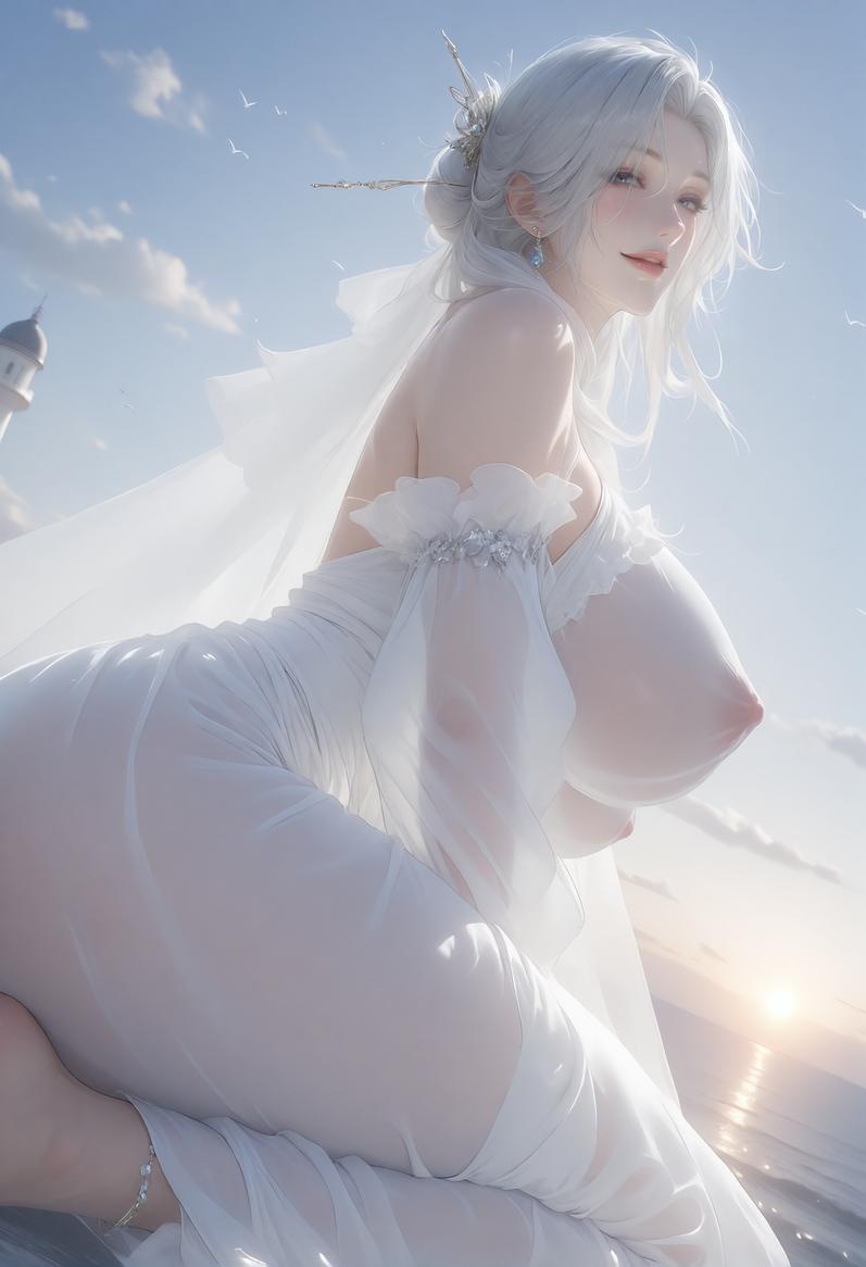 AI Generated Anime Girl - 大唐遗风 海之丰韵：白发古风御姐海边巨乳 132P