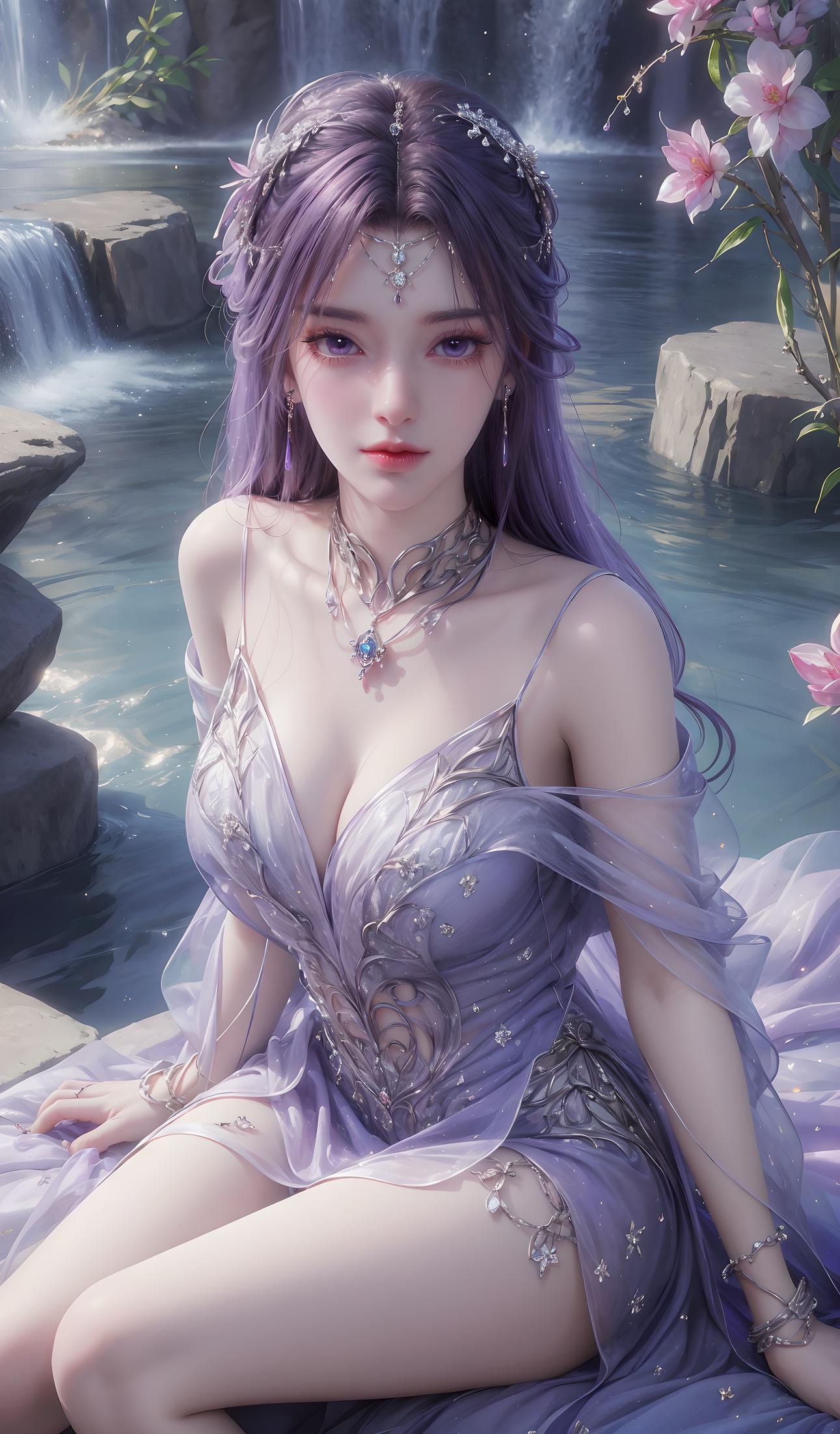 AI Generated Anime Girl - 云曦：蓝发湿身巨乳曲线诱惑 79P