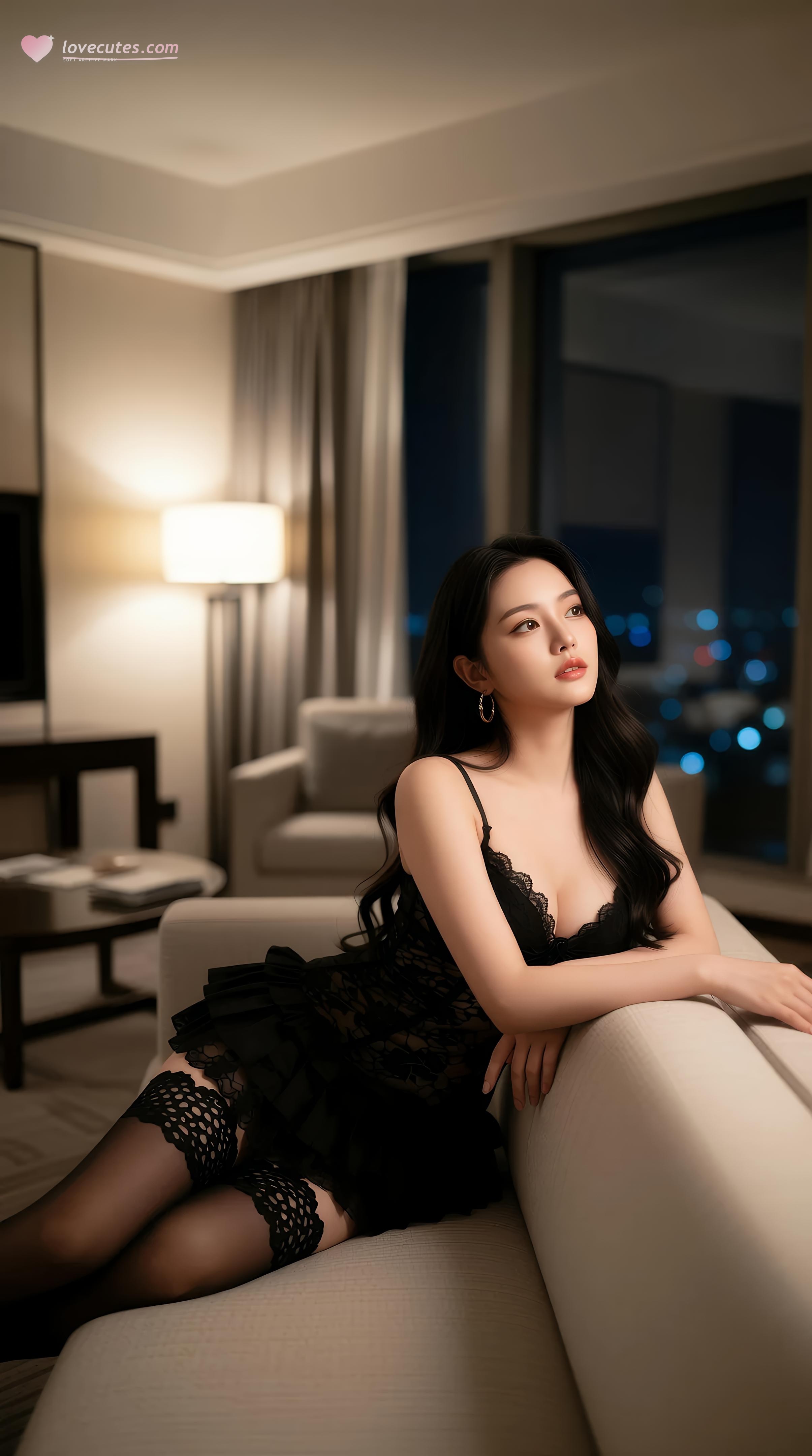 [AI美女] 乐瑶 - 酒店黑蕾丝内衣：夜景窗边黑丝美腿 86P