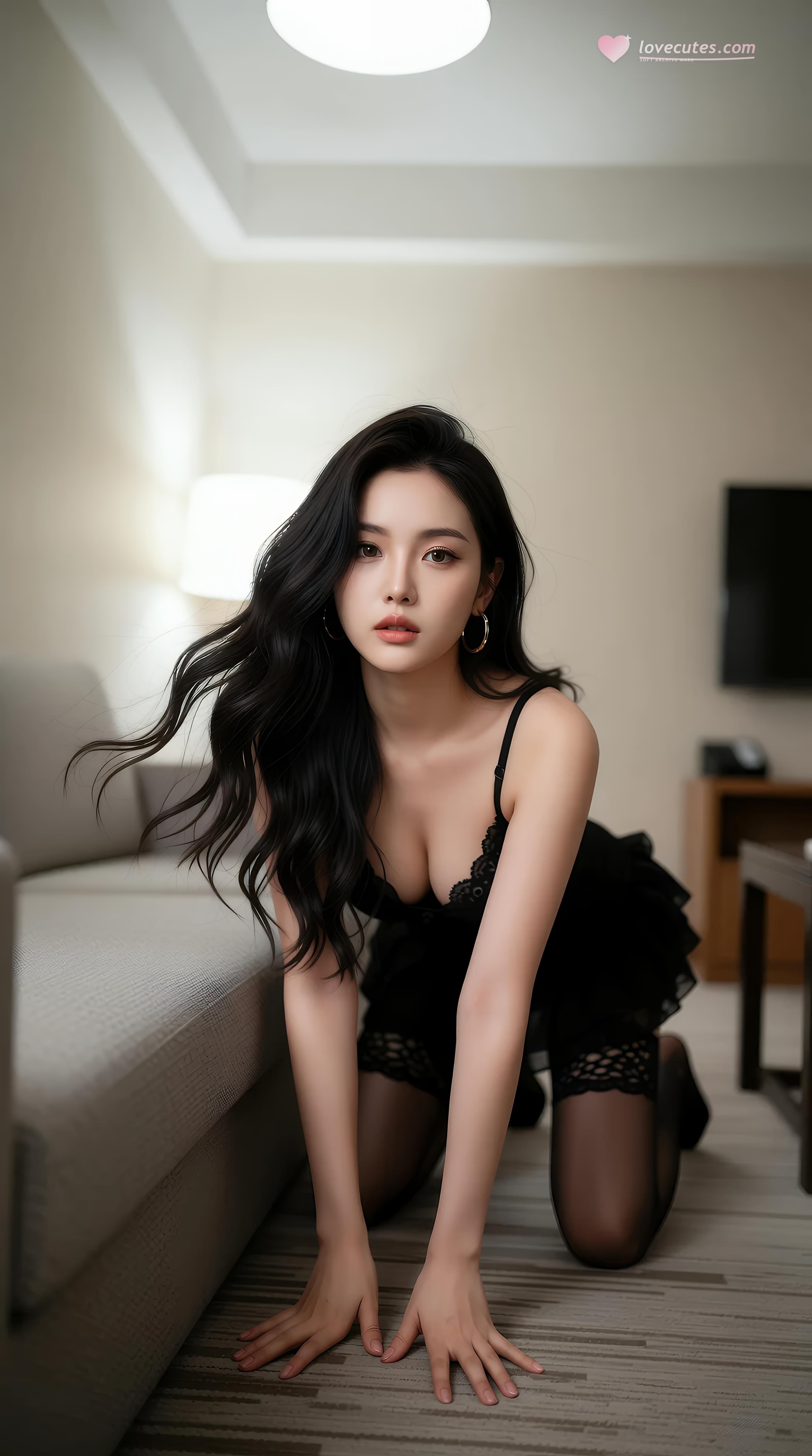 [AI美女] 乐瑶 - 酒店黑蕾丝内衣：夜景窗边黑丝美腿 86P