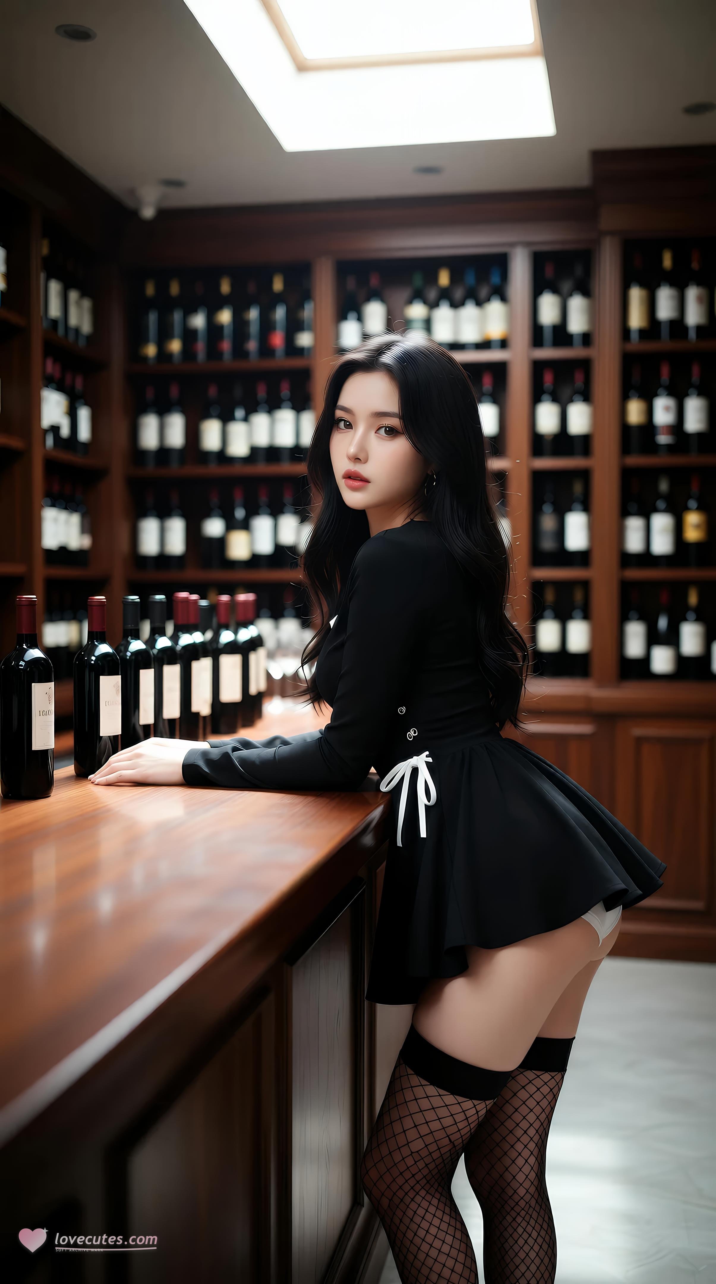 [AI美女] 乐瑶 - 酒窖黑丝制服：黑色外套鱼网袜美腿 71P