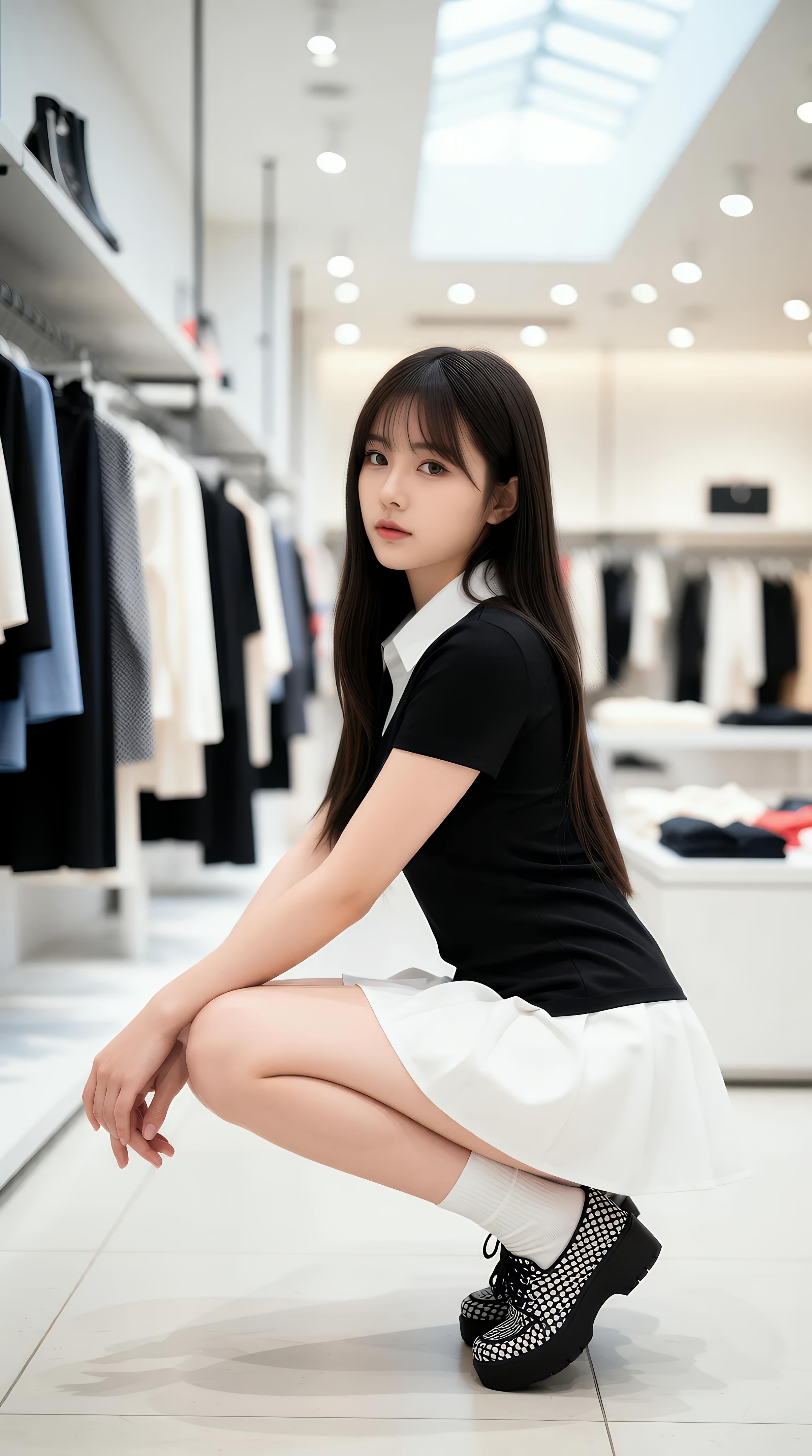 [AI美女] 夏甜ava - 商场短裙少女：黑色上衣白裙清纯写真 68P