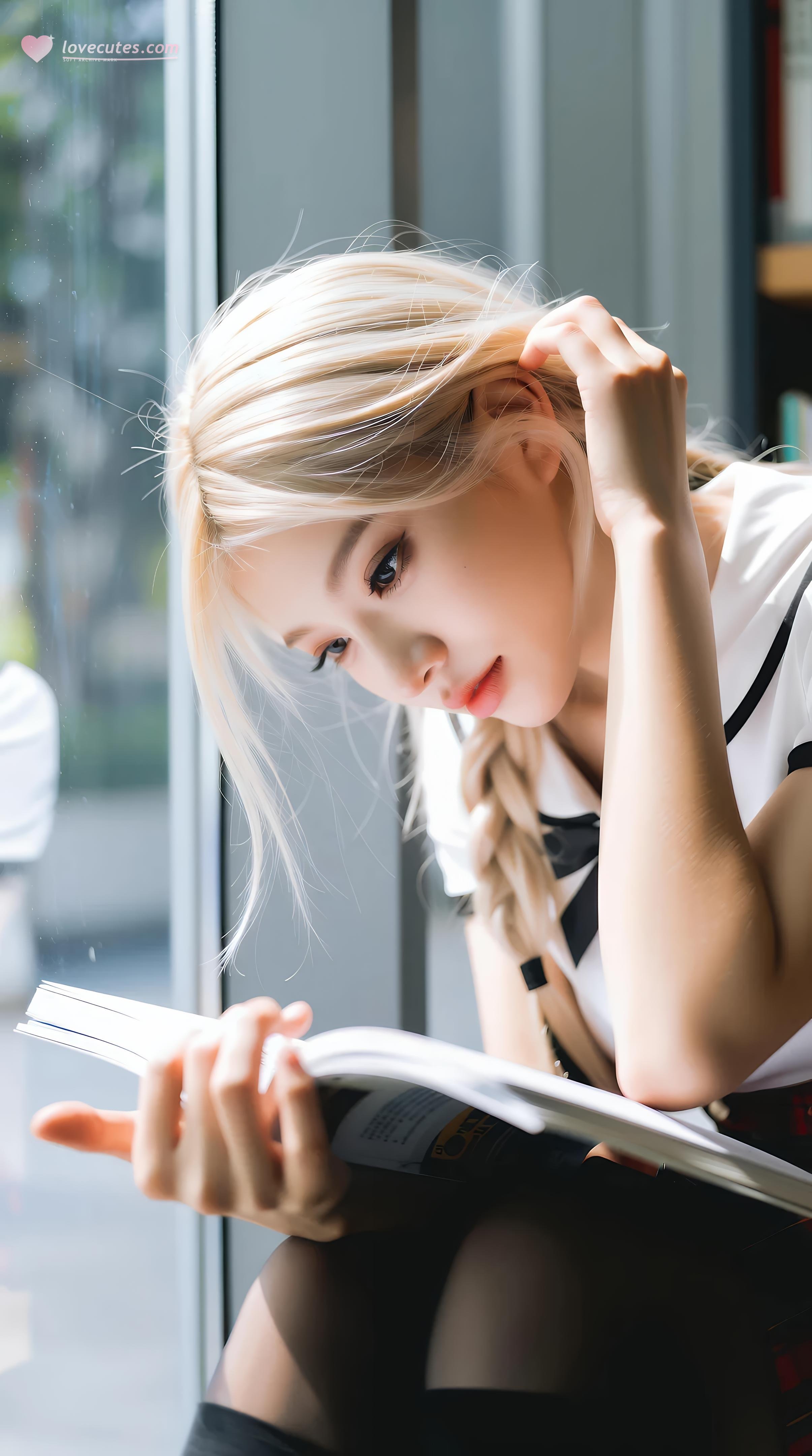 [AI美女] 熙蕾学姐ruby - 图书馆学姐：格裙黑丝校园写真 86P