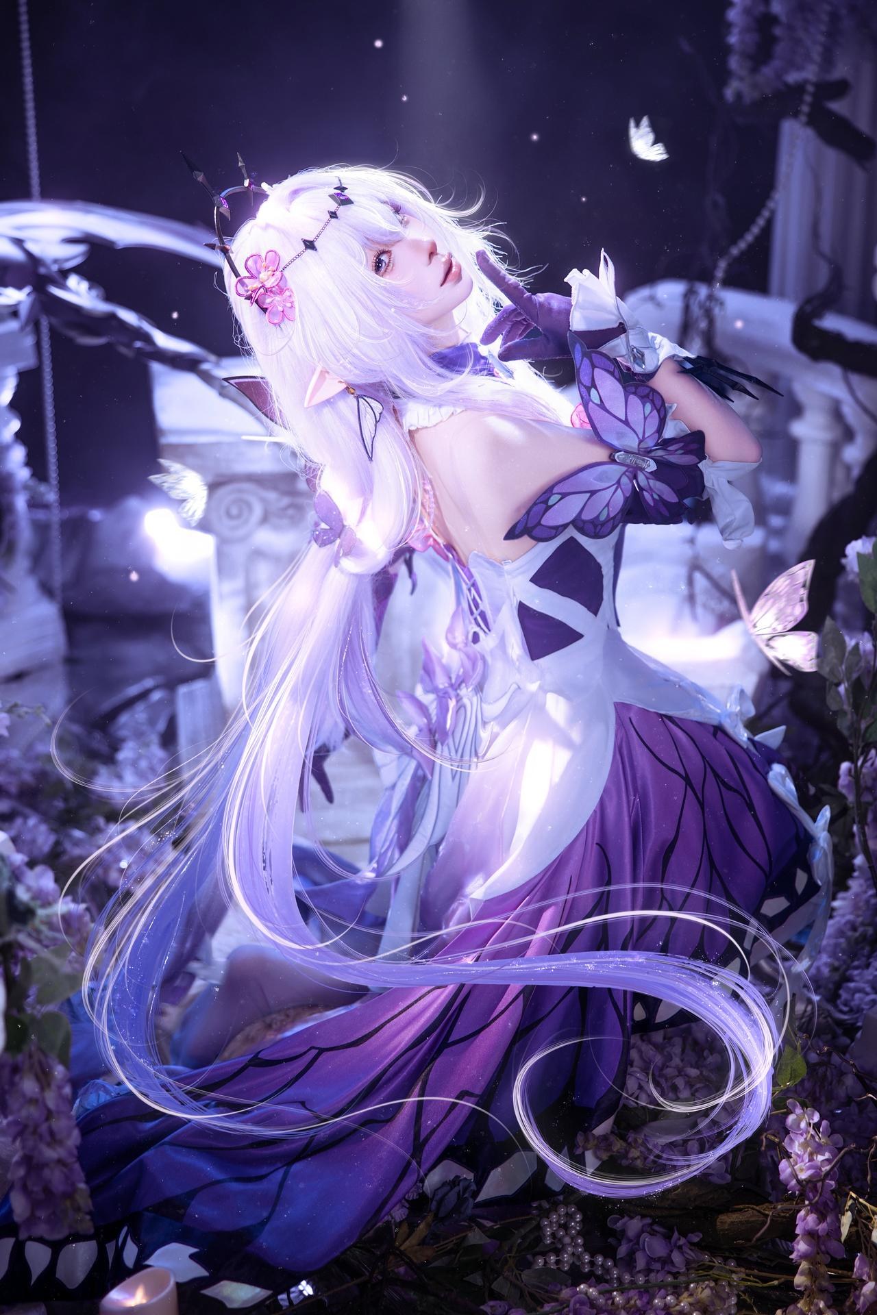 [cosplay] 蠢沫沫 - 붕괴: 스타레일 하이디에: 보라·흰색 드레스 나비날개 판타지 재현 12P