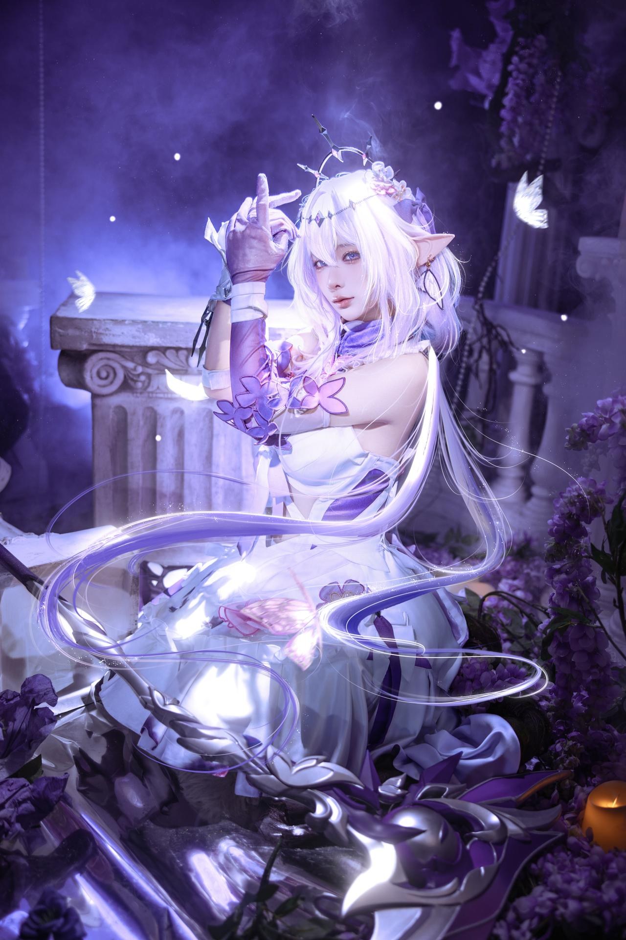 [cosplay] 蠢沫沫 - 붕괴: 스타레일 하이디에: 보라·흰색 드레스 나비날개 판타지 재현 12P