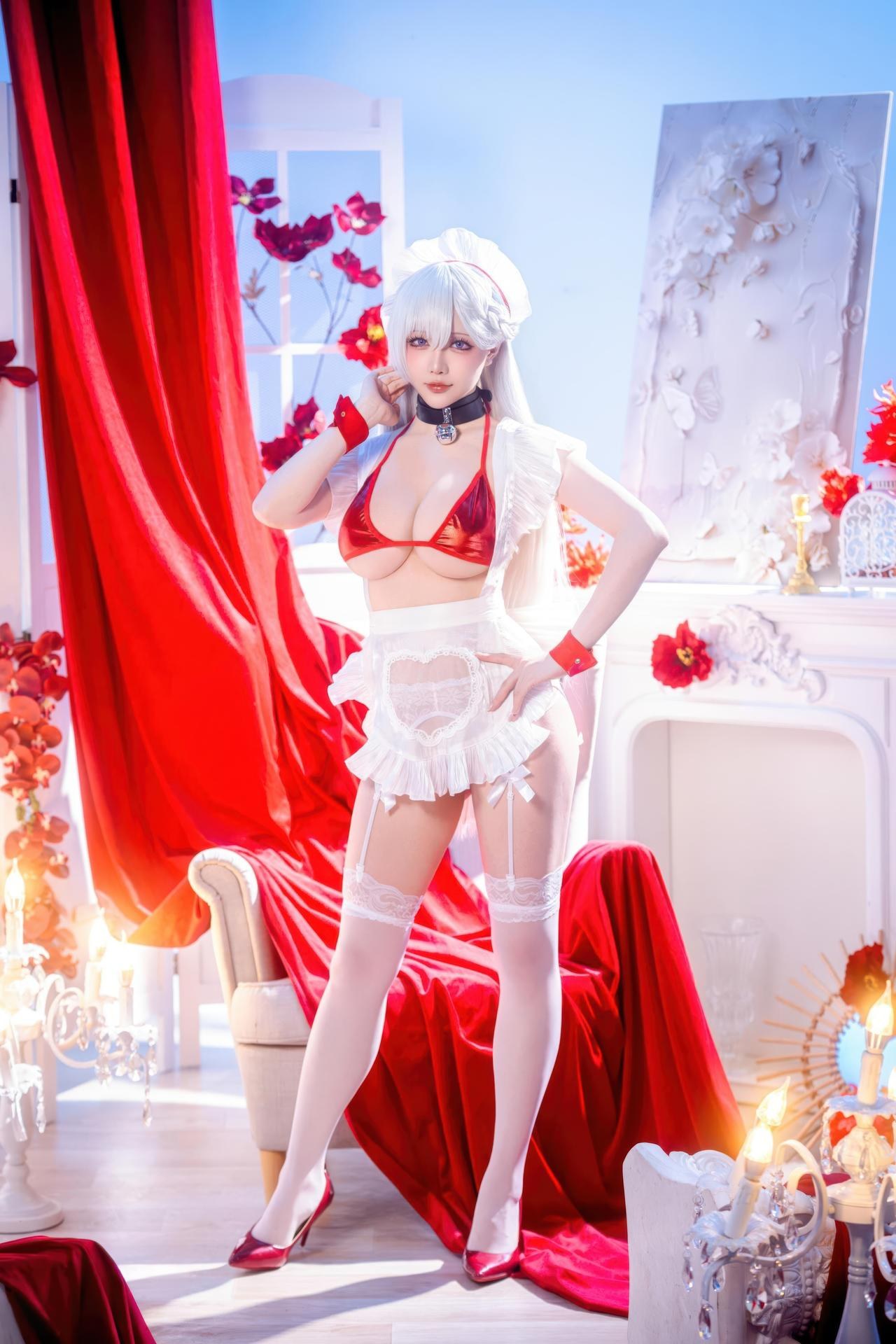 [cosplay] 星之迟迟Hoshilily - Bỉ Lân Hàng Tuyến Belfast: đồ bơi dây đỏ tóc trắng, phong cách Nhật Bản, vòng 1 đẹp 49P