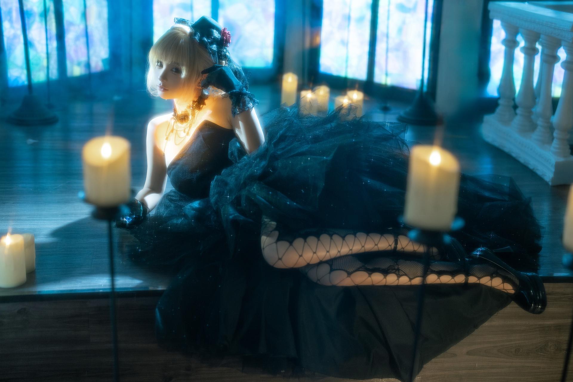 [Private Collection] Chun Mo Mo - Black Wedding Dress: Candlelit Black Wedding Dress, Black Stockings, Lace 37P1V