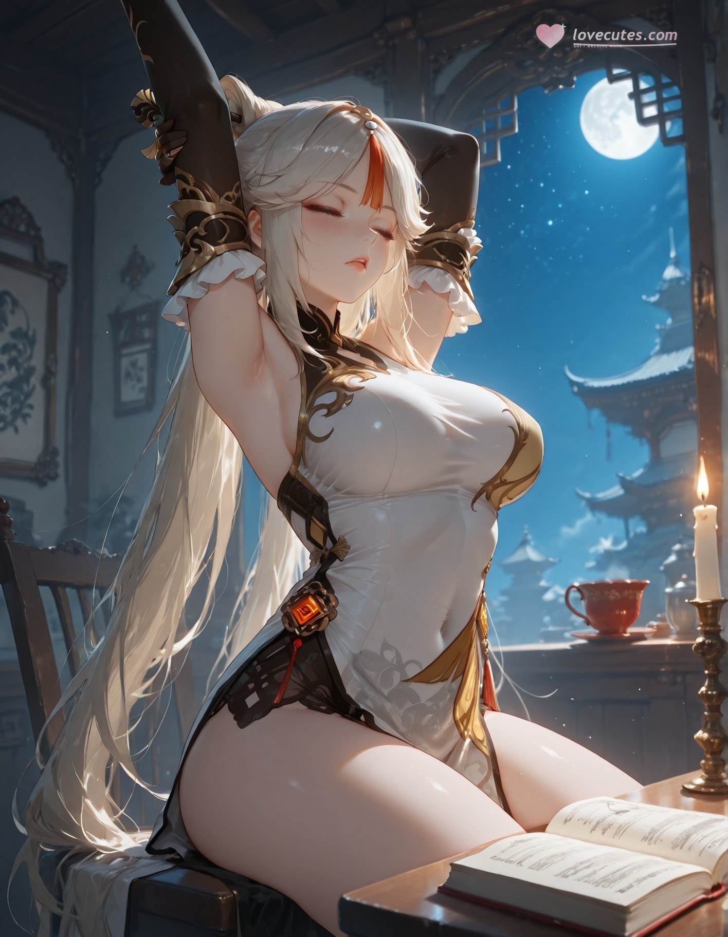 AI Generated Anime Girl - 原神 申鹤: 黑丝蕾丝内衣露穴 267P