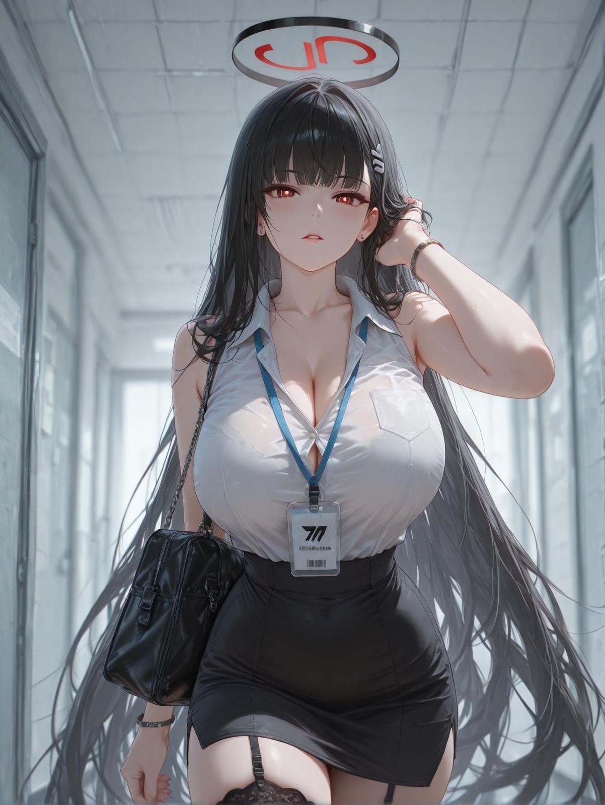 AI Generated Anime Girl - 碧蓝档案 一之濑明日奈：黑丝紧身衣湿身露穴 94P