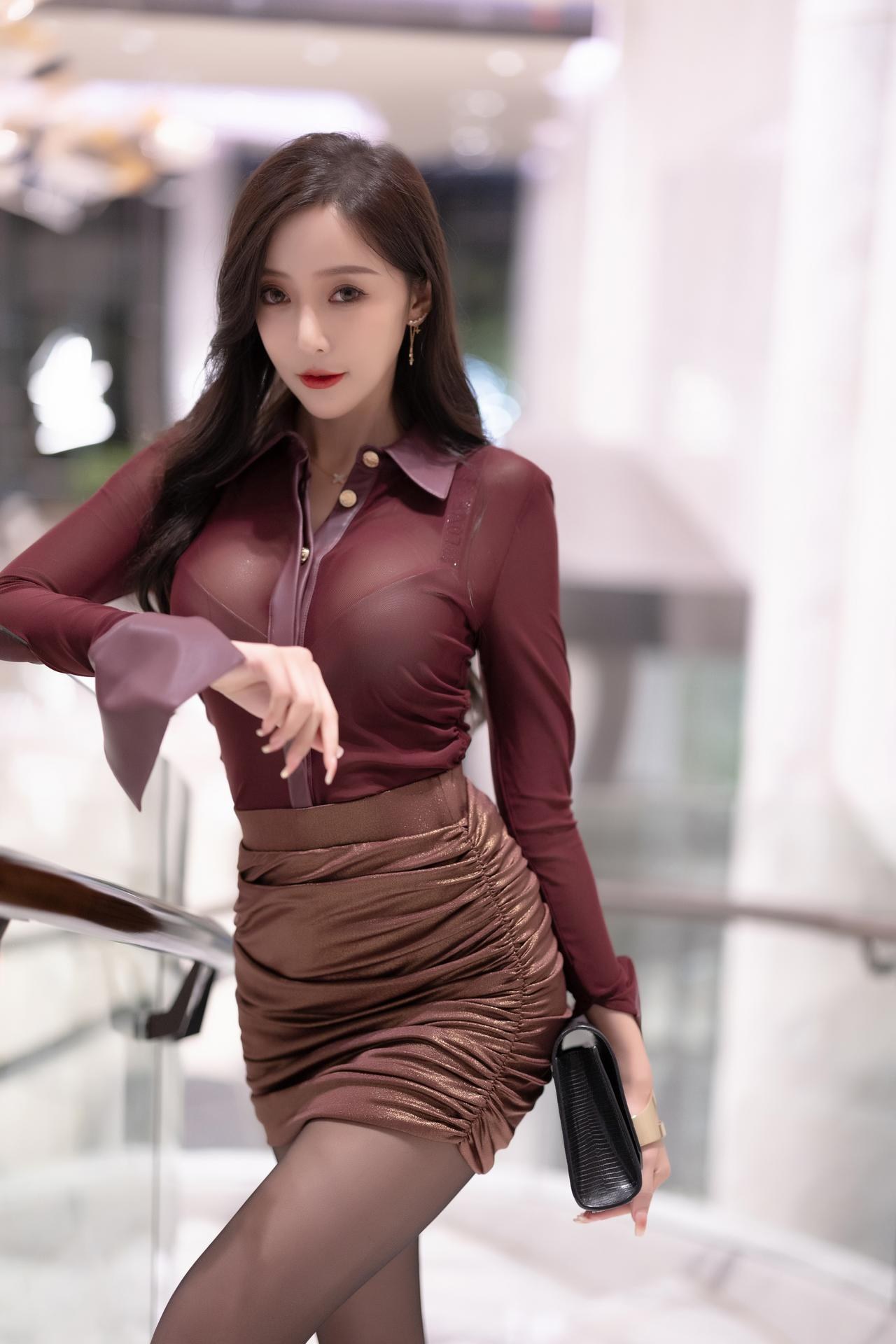 [model photo set] Wang Xinyao - Xiuren model burgundy sheer mature outfit 写真セット 110P