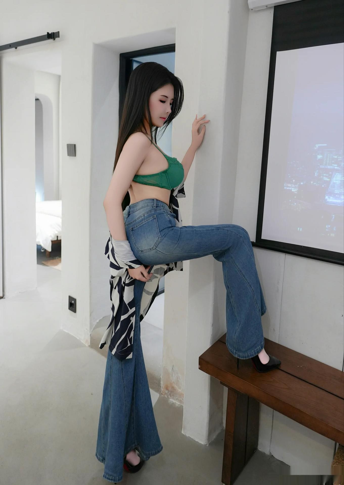[model photo set] Yuan Yuan - green lingerie denim shorts model set 사진 세트 87P