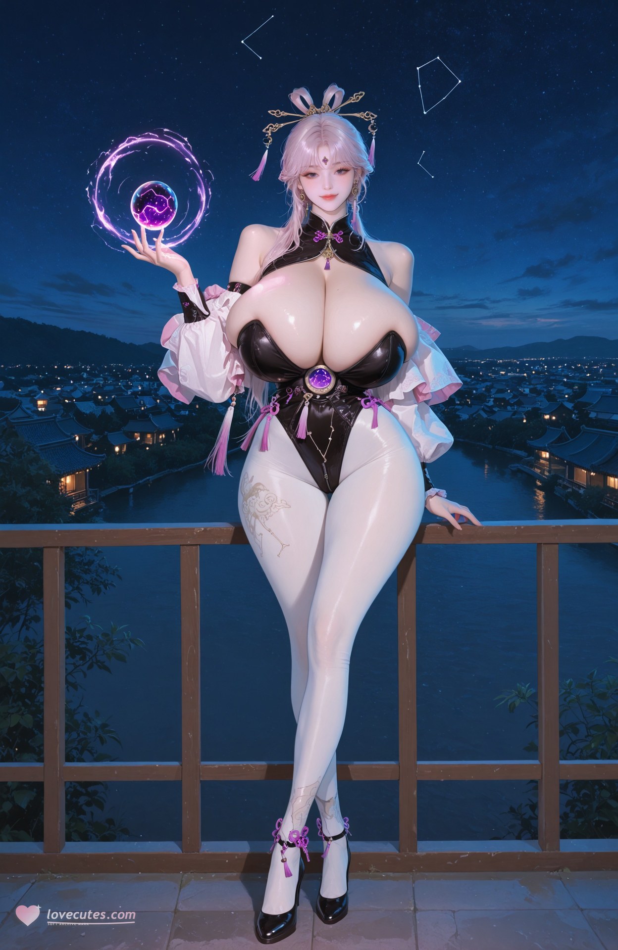 AI Generated Anime Girl - 崩坏星穹铁道 符玄：黑丝蕾丝内衣紧身衣湿身白虎 103P