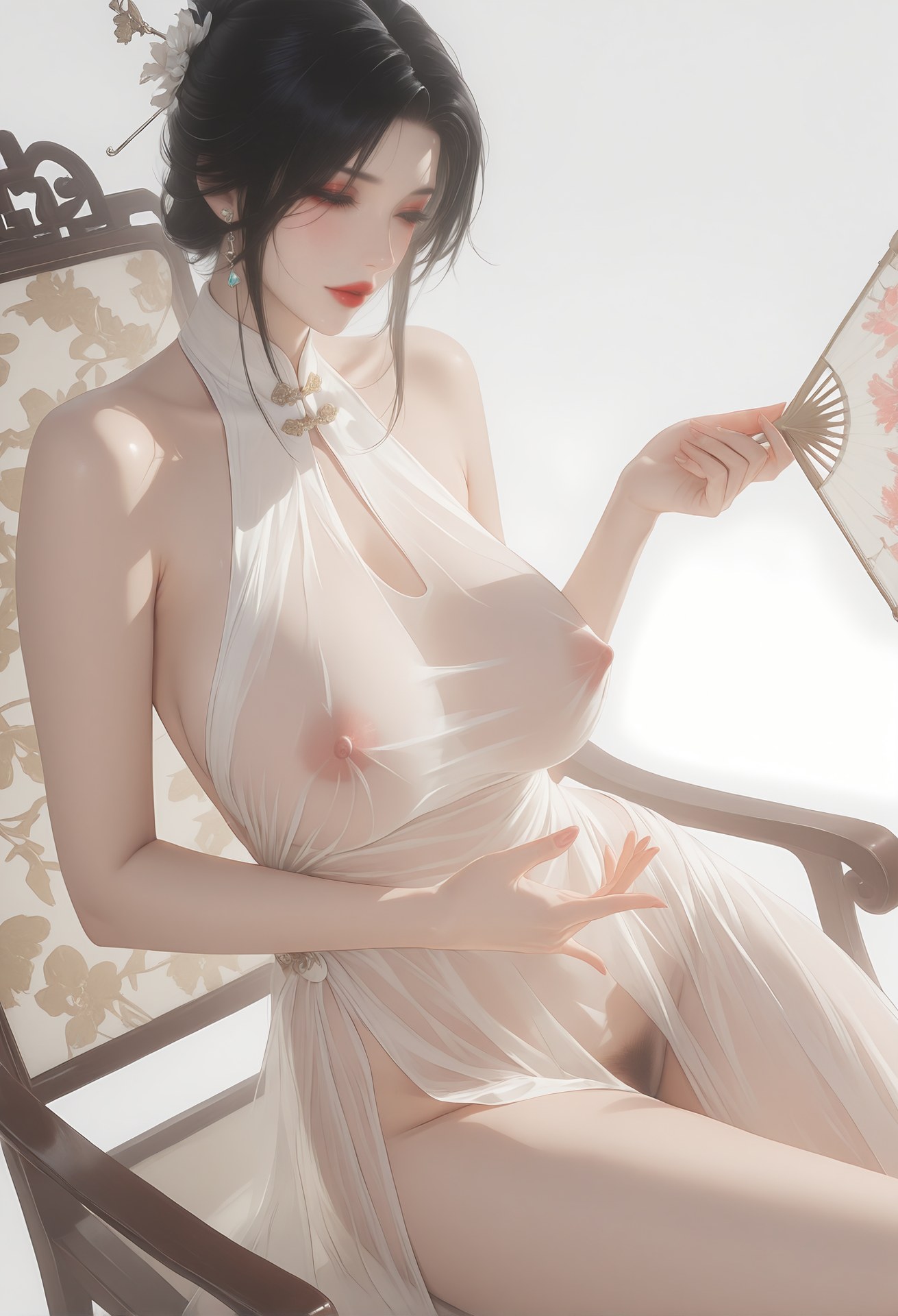 AI Porn - 虞美人：白色透视旗袍露穴成人向图集 96P