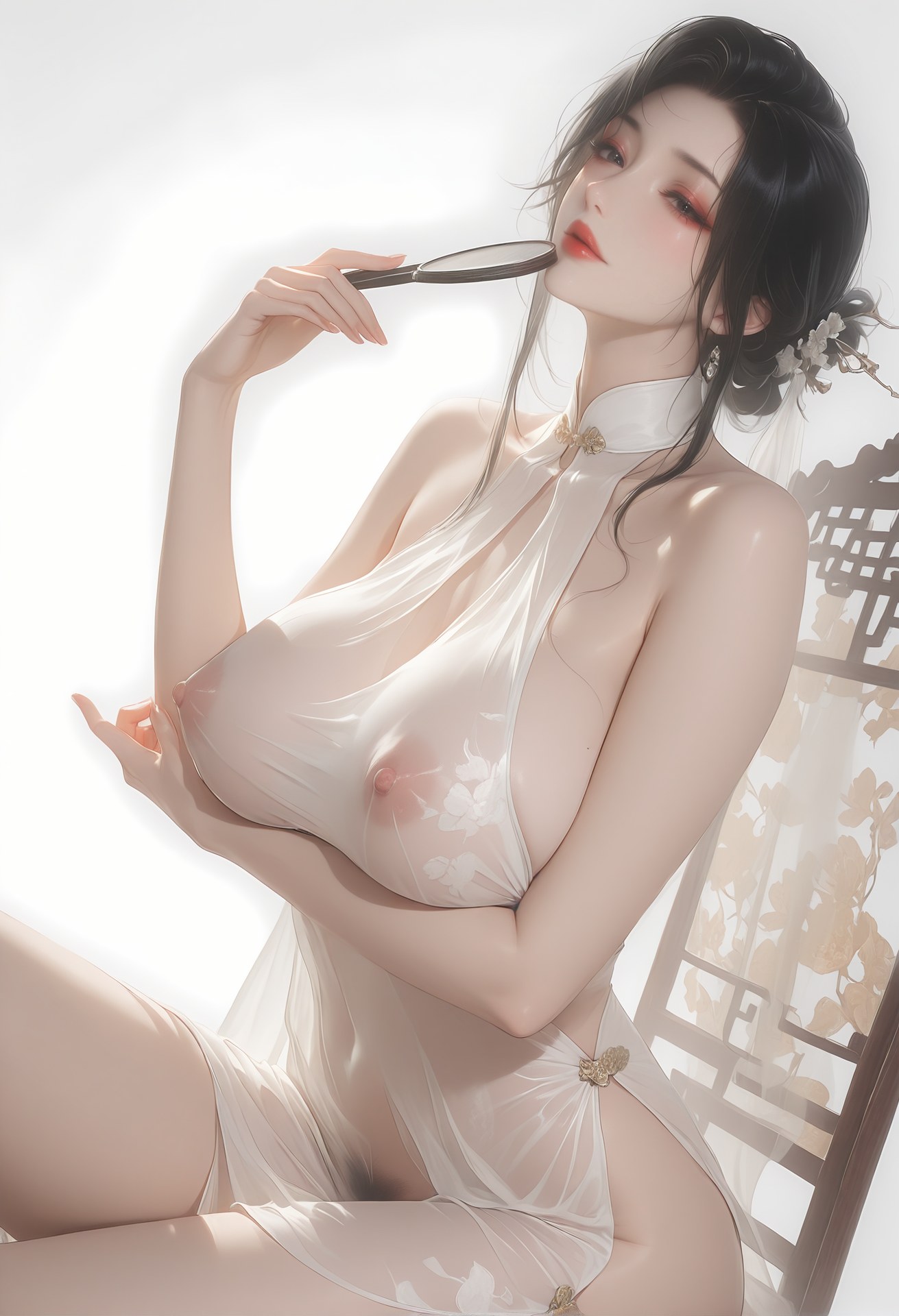 AI Porn - 虞美人：白色透视旗袍露穴成人向图集 96P