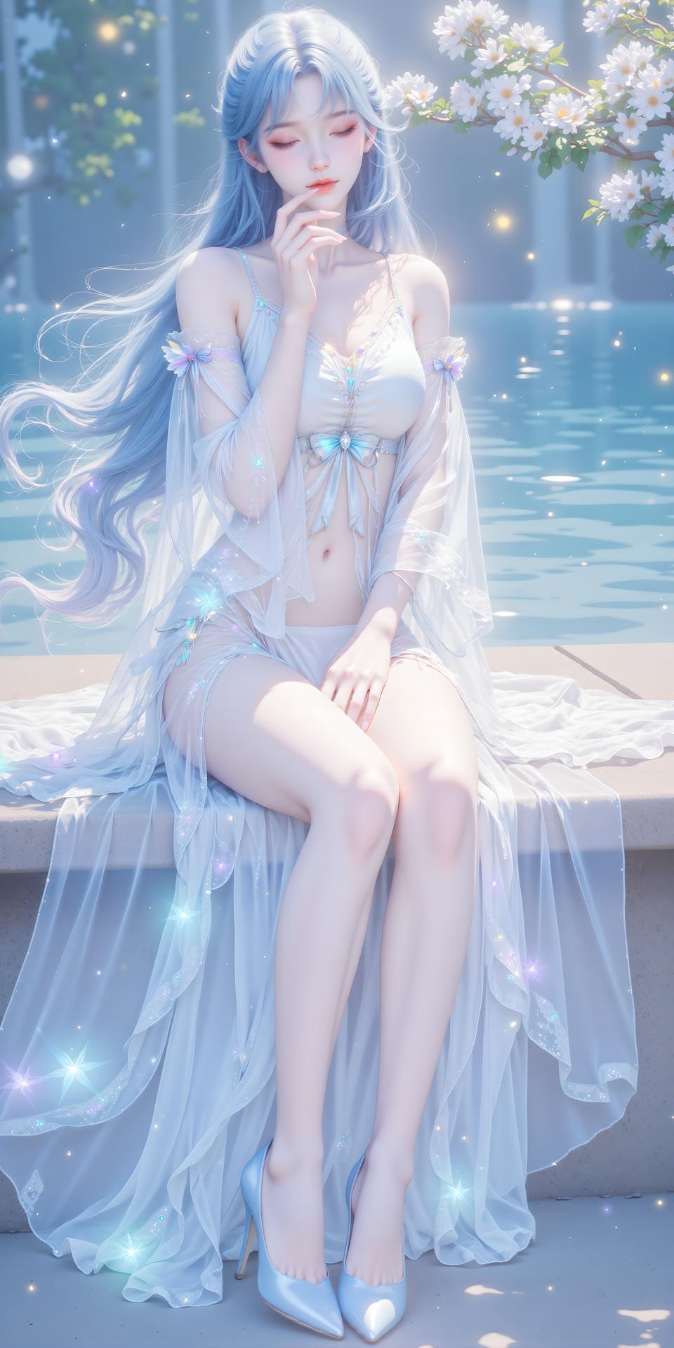 AI Generated Anime Girl - 絶世唐門 唐舞桐 白ドレス水辺画像集 24P