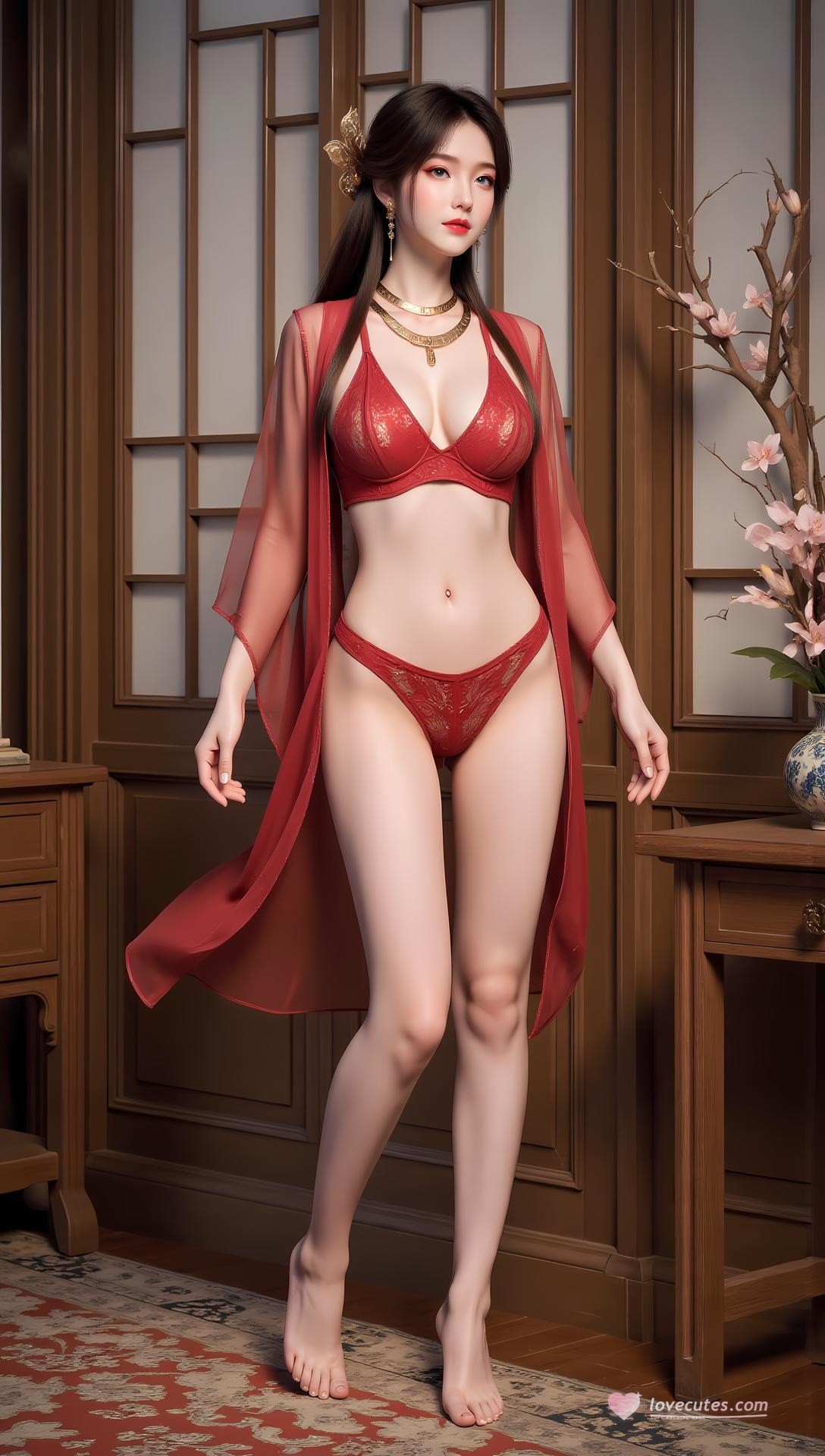 AI Generated Anime Girl - 매응 레드 퍼플 란제리 수영복 갤러리 83P