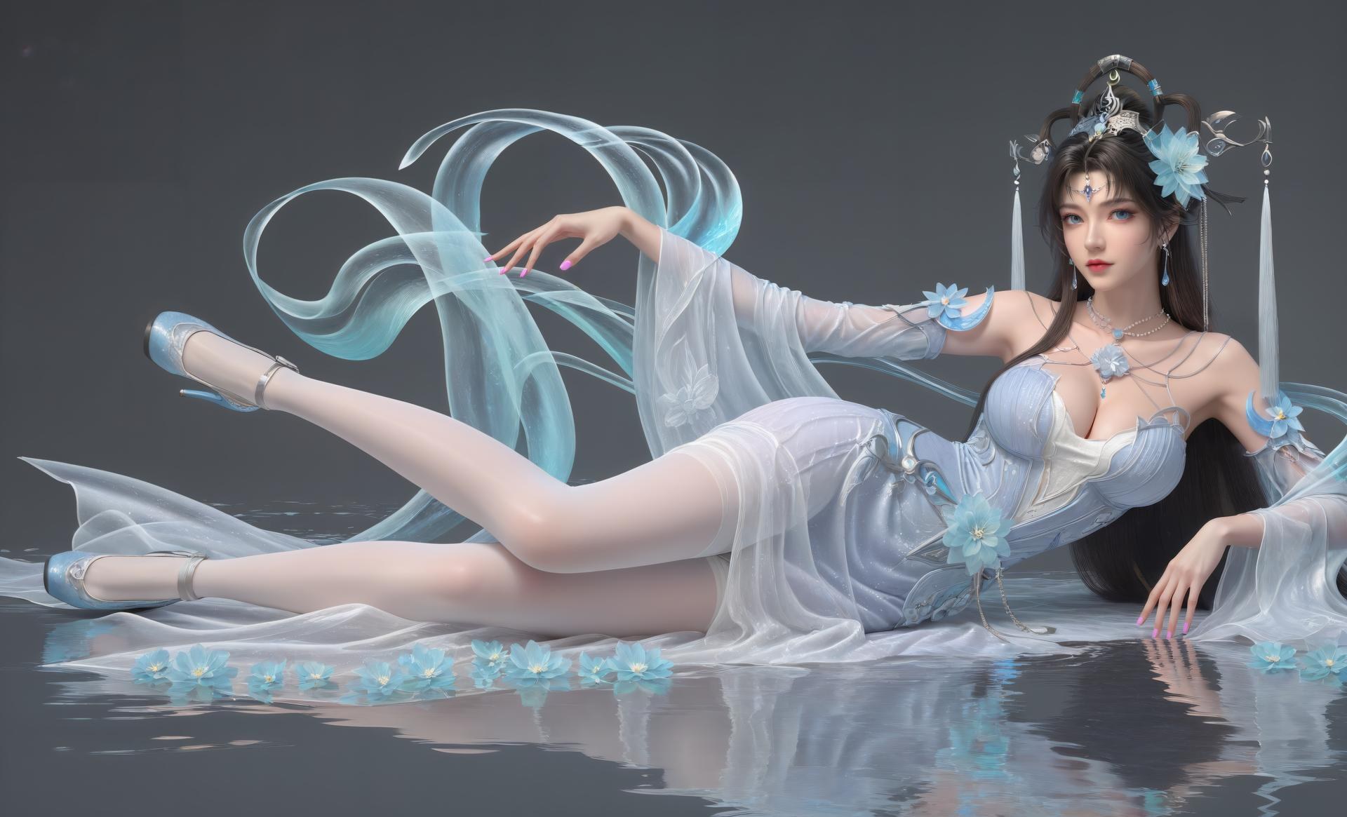 AI Generated Anime Girl - 완미세계 요청공주 화이트 블루 선녀 드레스 호숫가 흰 스타킹 갤러리 상편 250P
