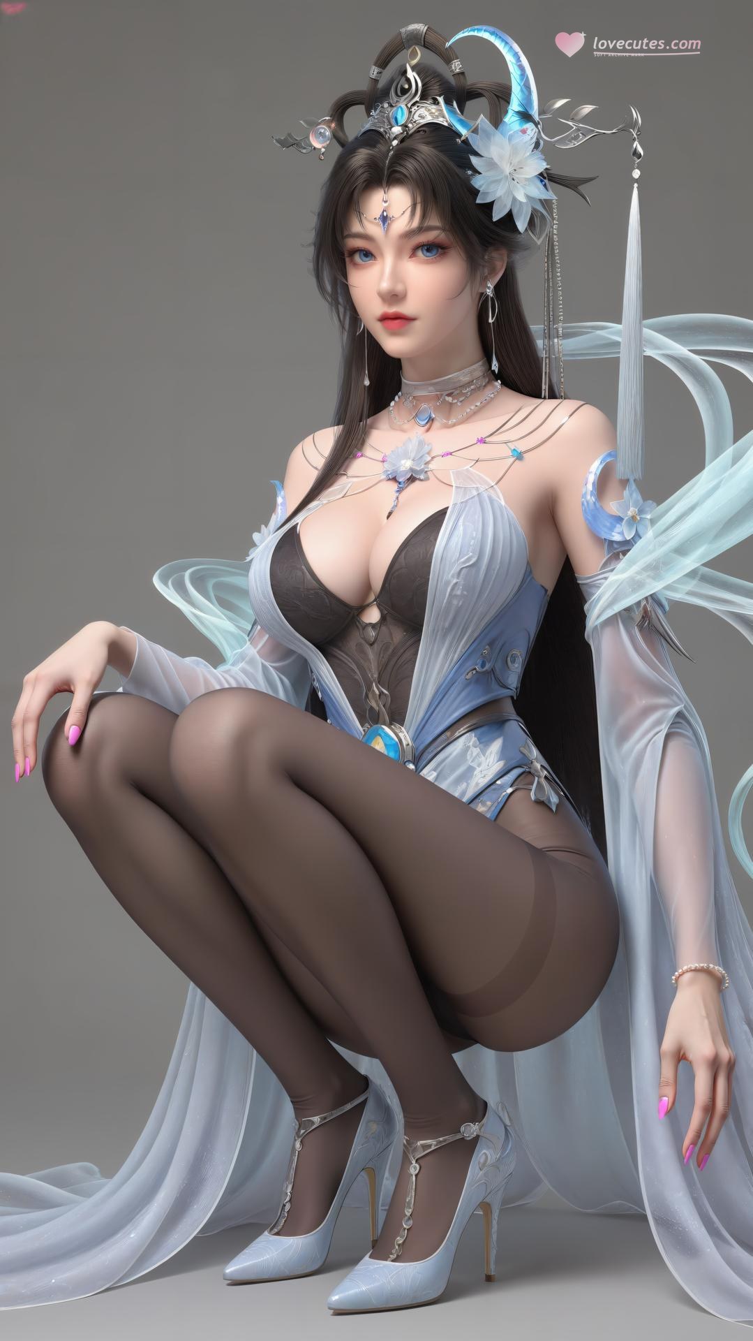 AI Generated Anime Girl - 완미세계 요청공주 화이트 블루 선녀 드레스 호숫가 흰 스타킹 갤러리 상편 250P
