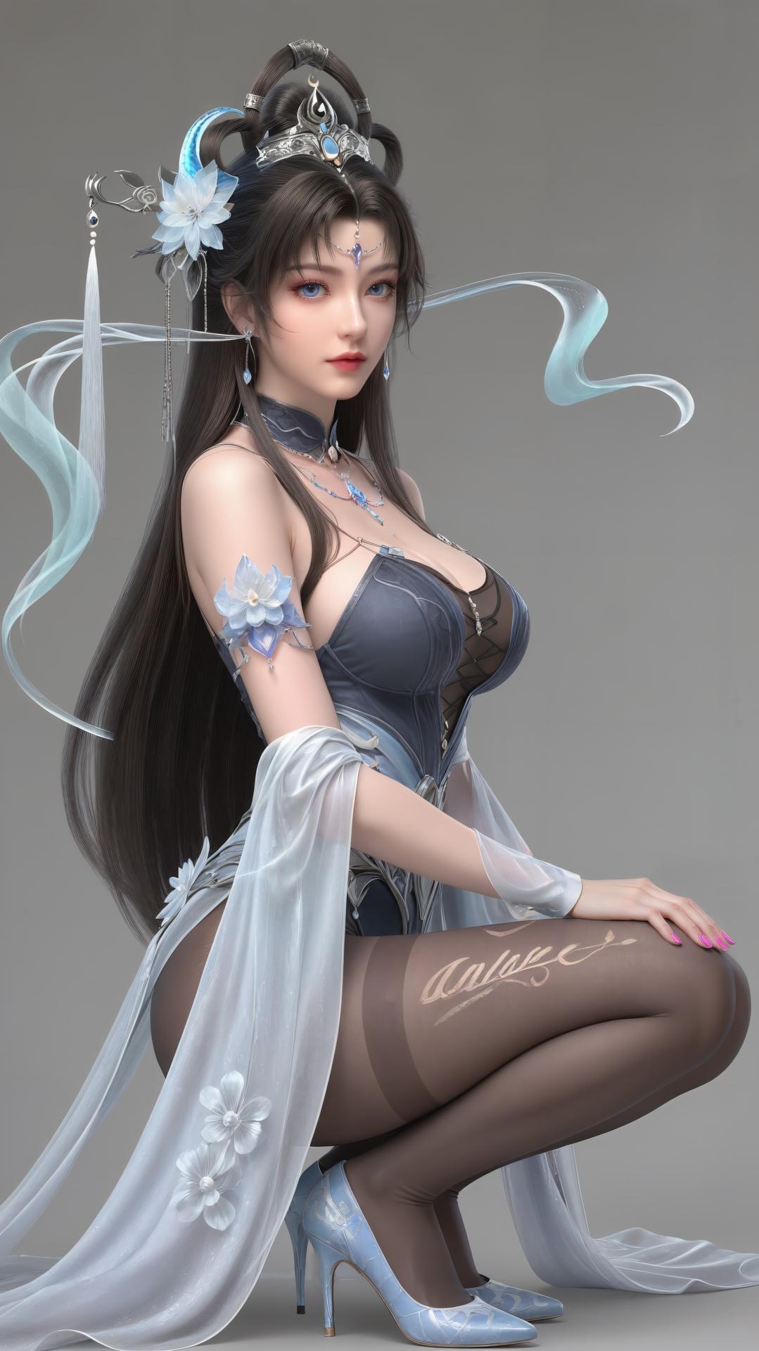 AI Generated Anime Girl - 완미세계 요청공주 화이트 블루 선녀 드레스 호숫가 흰 스타킹 갤러리 상편 250P