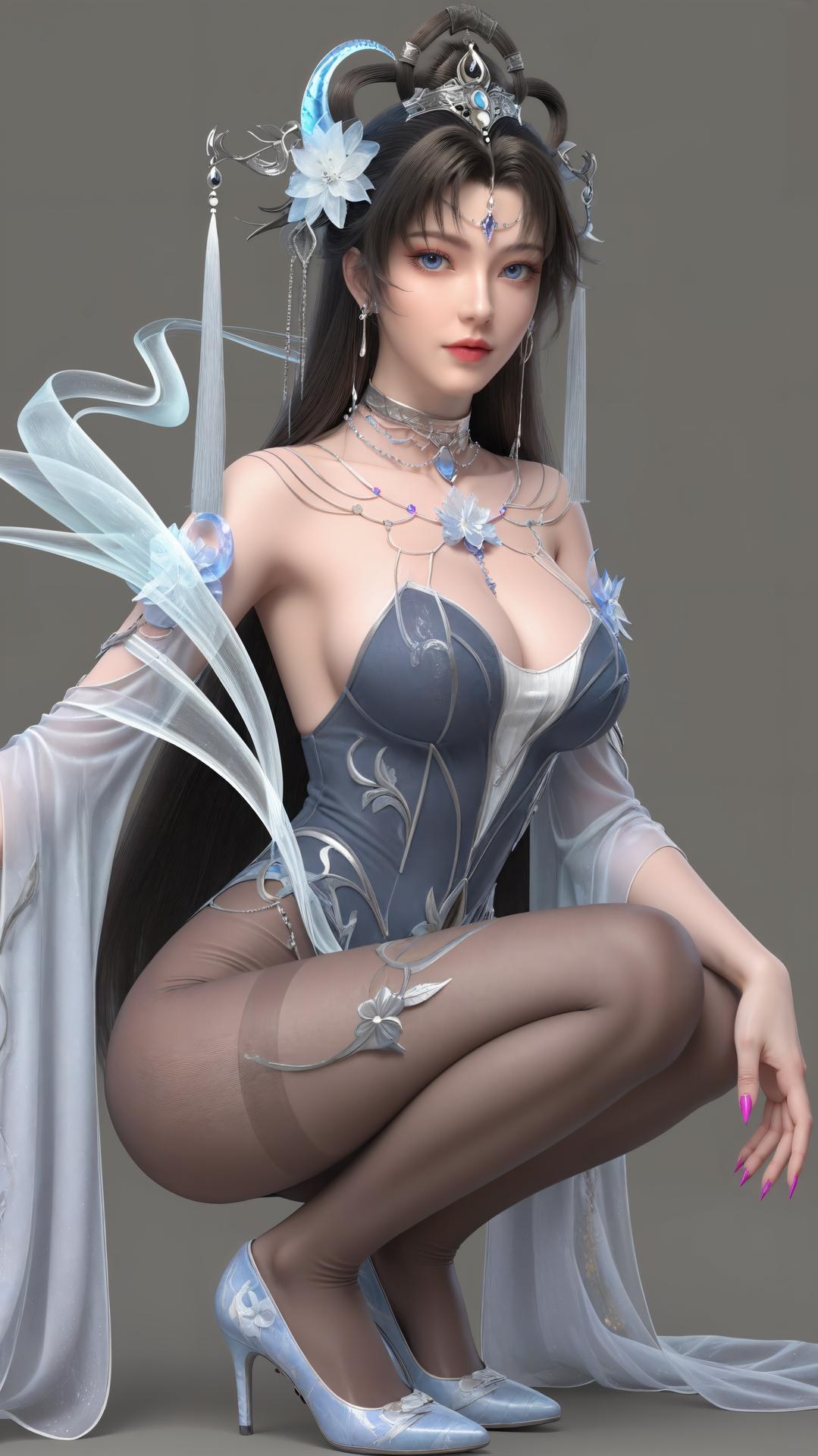 AI Generated Anime Girl - 완미세계 요청공주 화이트 블루 선녀 드레스 호숫가 흰 스타킹 갤러리 상편 250P