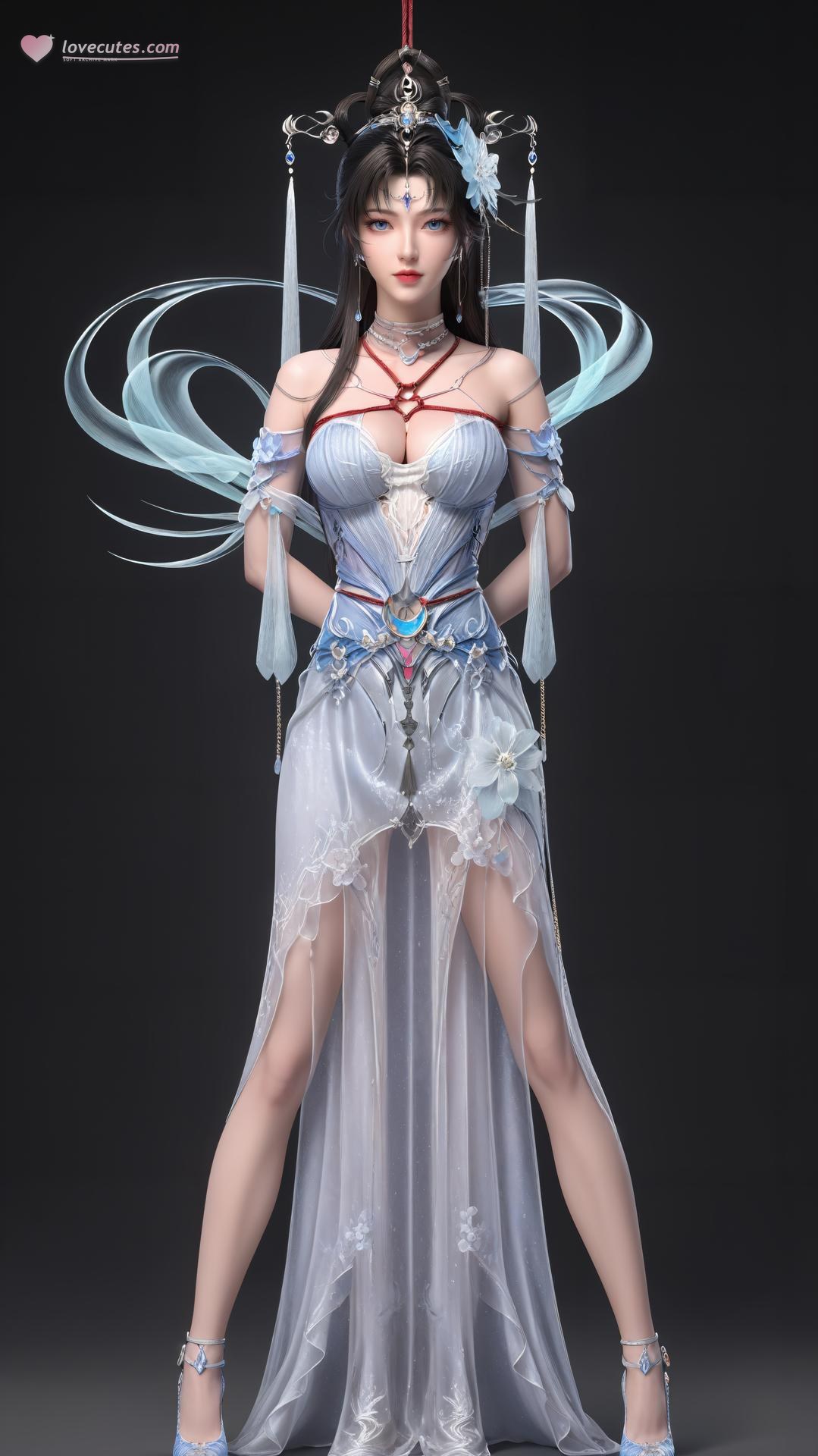 AI Generated Anime Girl - 완미세계 요청공주 화이트 블루 선녀 드레스 호숫가 흰 스타킹 갤러리 상편 250P