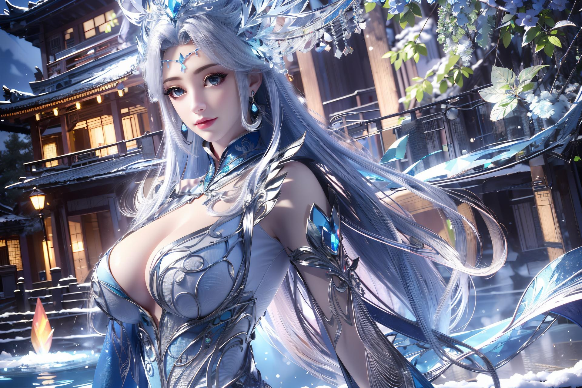 AI Nudes - 寧雨蝶 銀髪青裙水景のAIヌード画像集 75P