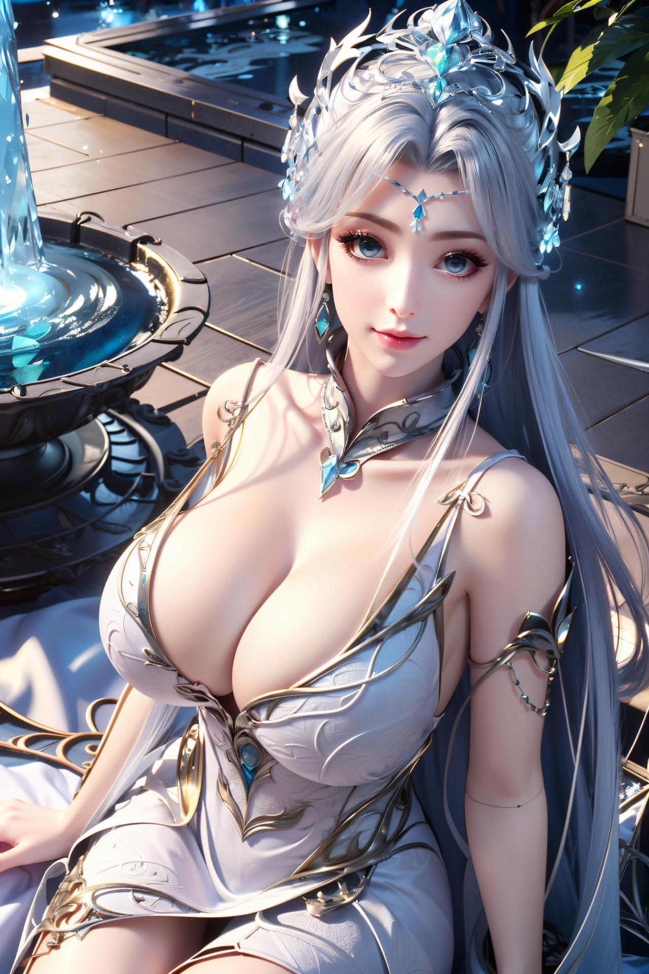 AI Nudes - 寧雨蝶 銀髪青裙水景のAIヌード画像集 75P