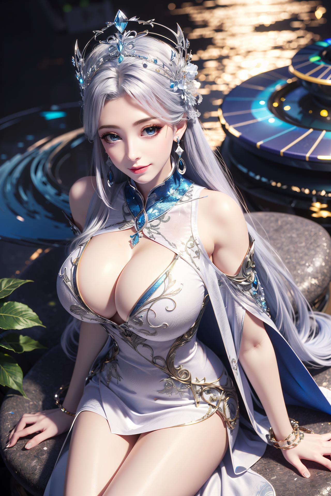 AI Nudes - 寧雨蝶 銀髪青裙水景のAIヌード画像集 75P