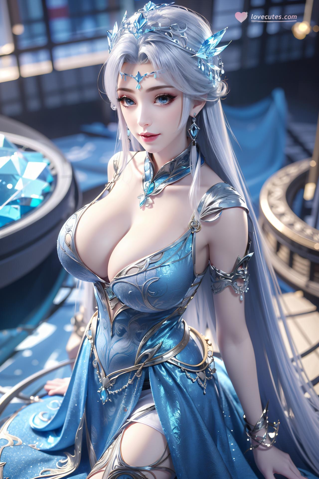 AI Nudes - 寧雨蝶 銀髪青裙水景のAIヌード画像集 75P
